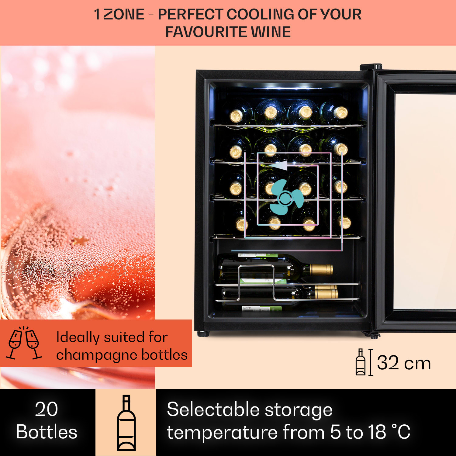 Klarstein Shiraz 20 Uno, vinotéka, 53 l, 20 fliaš, 5-18°C, dotykový ovládací panel – Obrázok 3