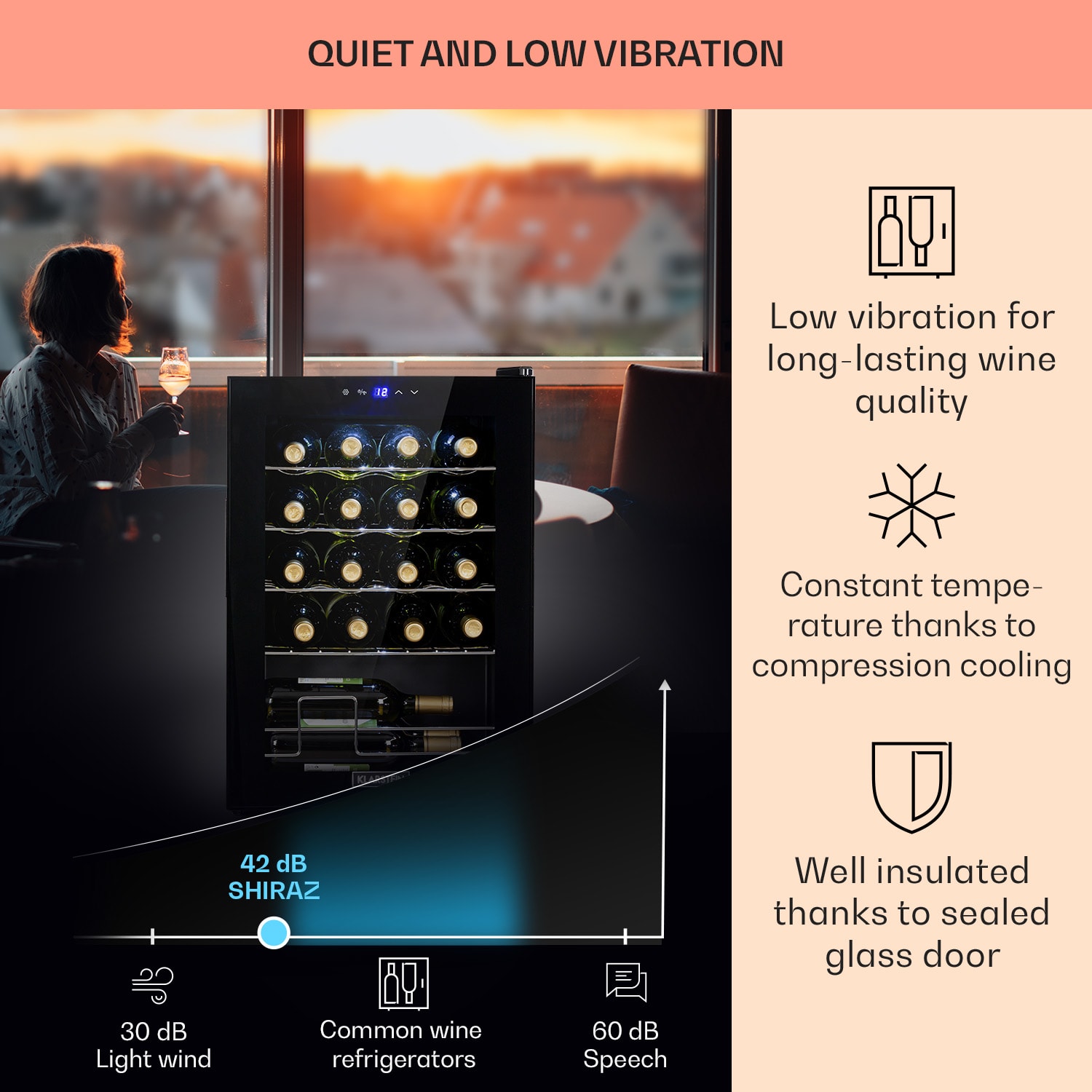 Klarstein Shiraz 20 Uno, vinotéka, 53 l, 20 fliaš, 5-18°C, dotykový ovládací panel – Obrázok 4