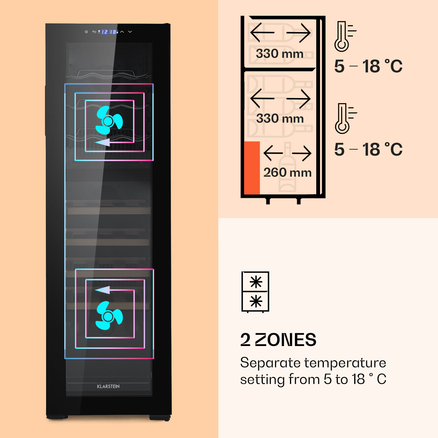 Klarstein Bovella 27 Duo+, dvojzónová vinotéka, 74 l, 27 fliaš, sklenené dvierka – Obrázok 4