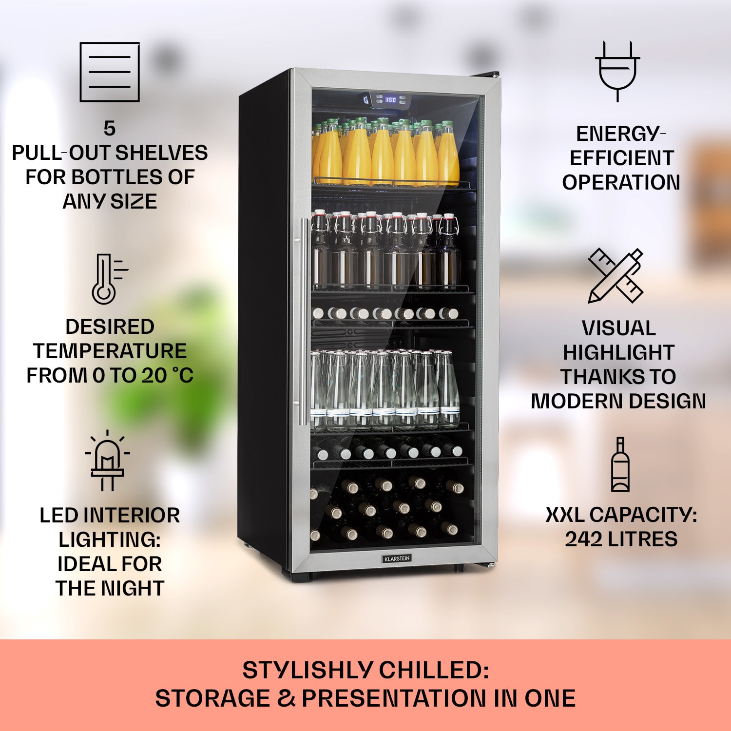 Klarstein Beersafe 7XL, chladnička, 242 l, 5 políc, panoramatické sklenené dvere, nehrdzavejúca oceľ – Obrázok 2