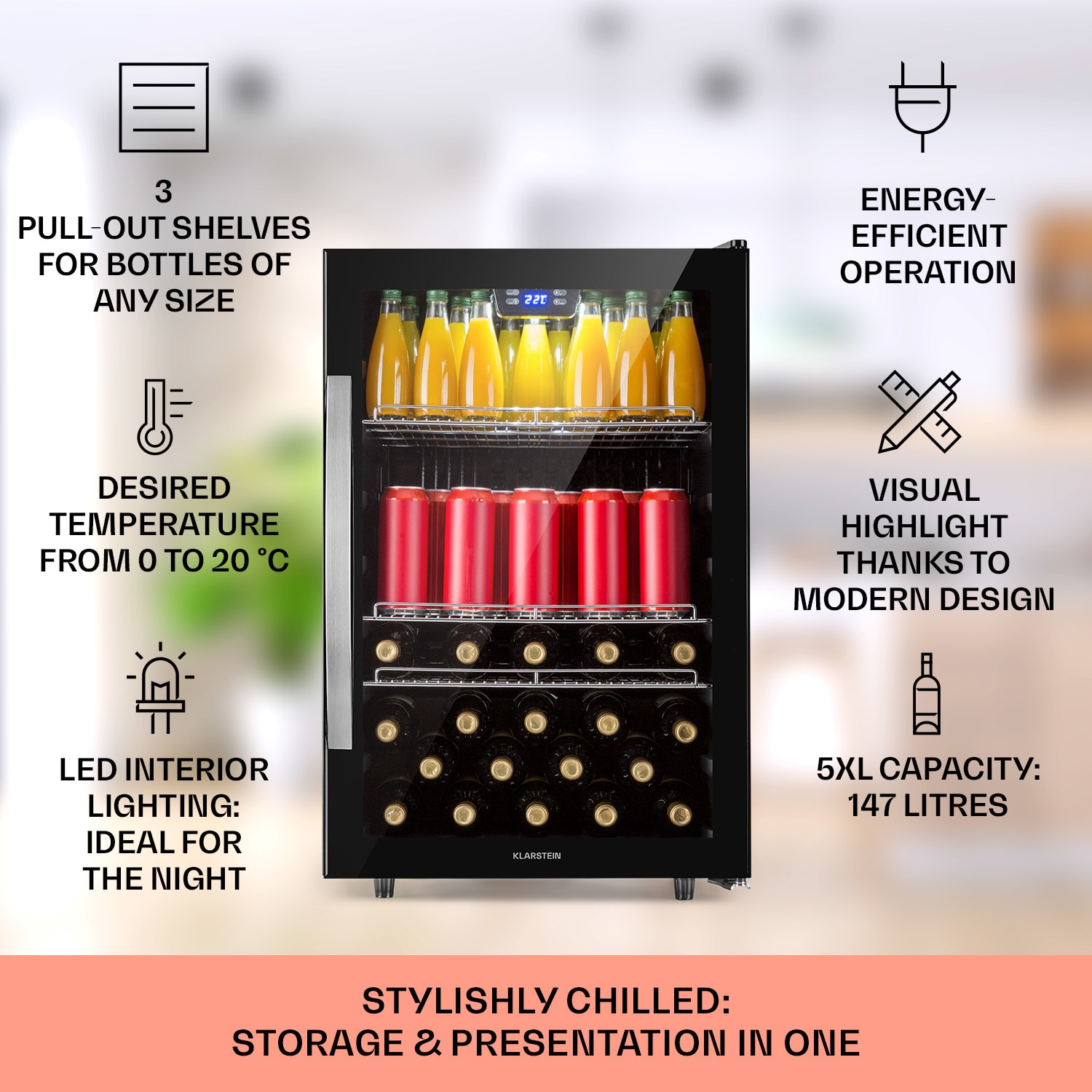 Klarstein Beersafe 5XL, chladnička, 148 l, 3 police, panoramatické sklenené dvere, nehrdzavejúca oceľ – Obrázok 2