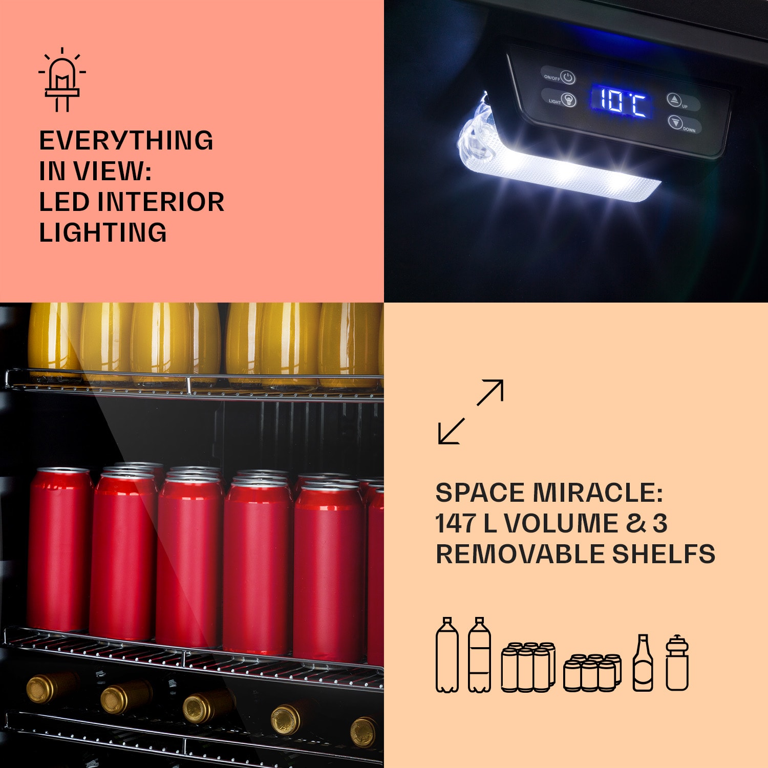 Klarstein Beersafe 5XL, chladnička, 148 l, 3 police, panoramatické sklenené dvere, nehrdzavejúca oceľ – Obrázok 4