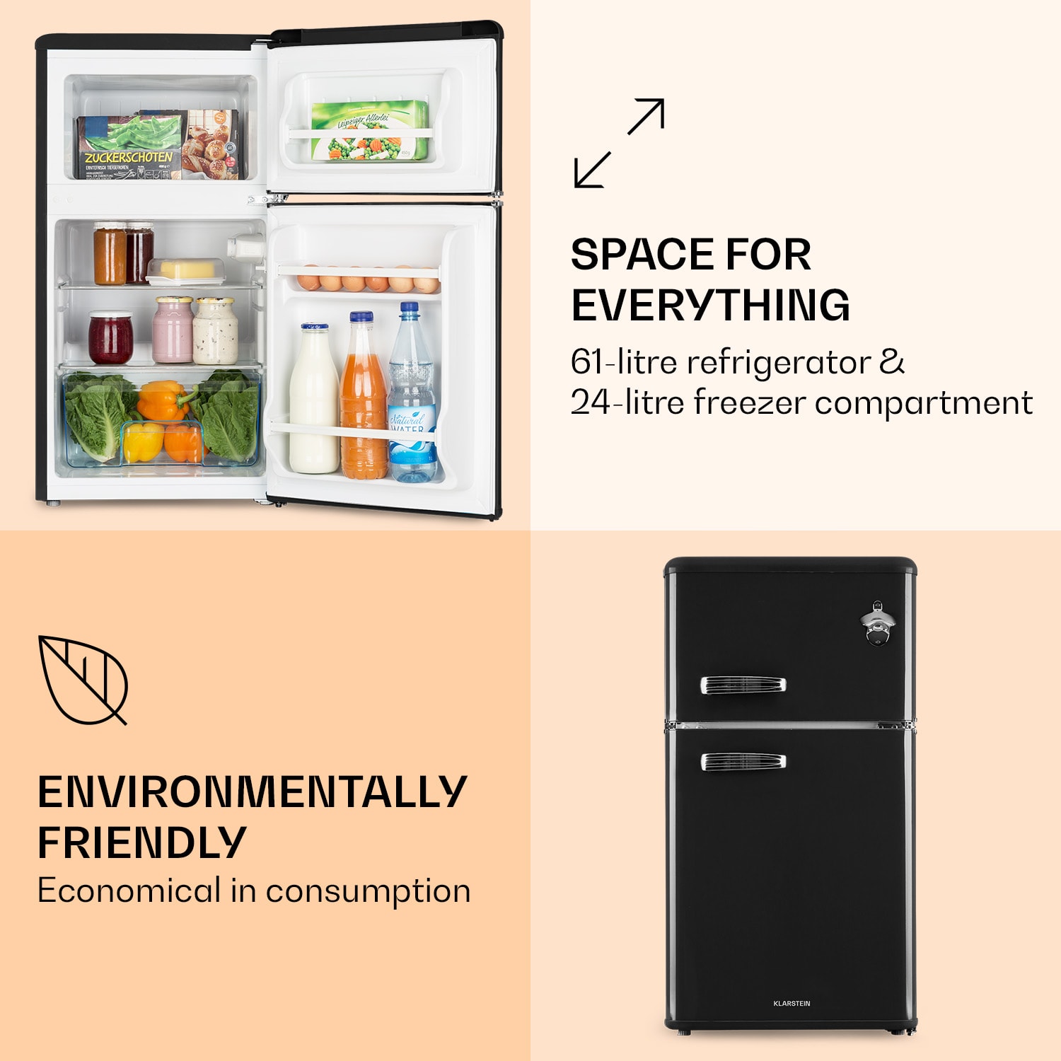 Klarstein Irene, kombinovaná chladnička, 61 l chladnička, 25 l mraznička, retro, červená – Obrázok 4