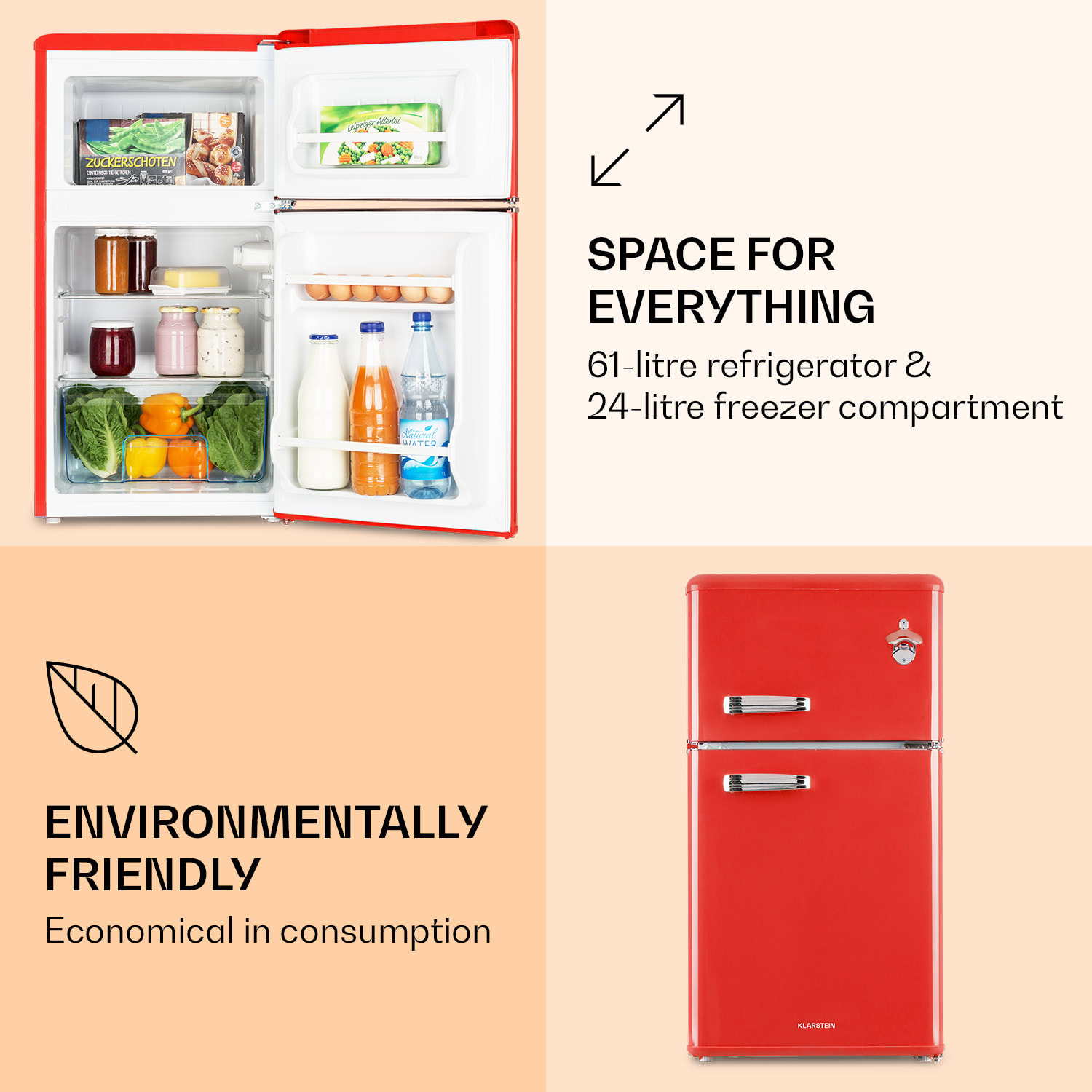 Klarstein Irene, kombinovaná retro chladnička, 61 l chladnička, 25 l mraznička, červená – Obrázok 4