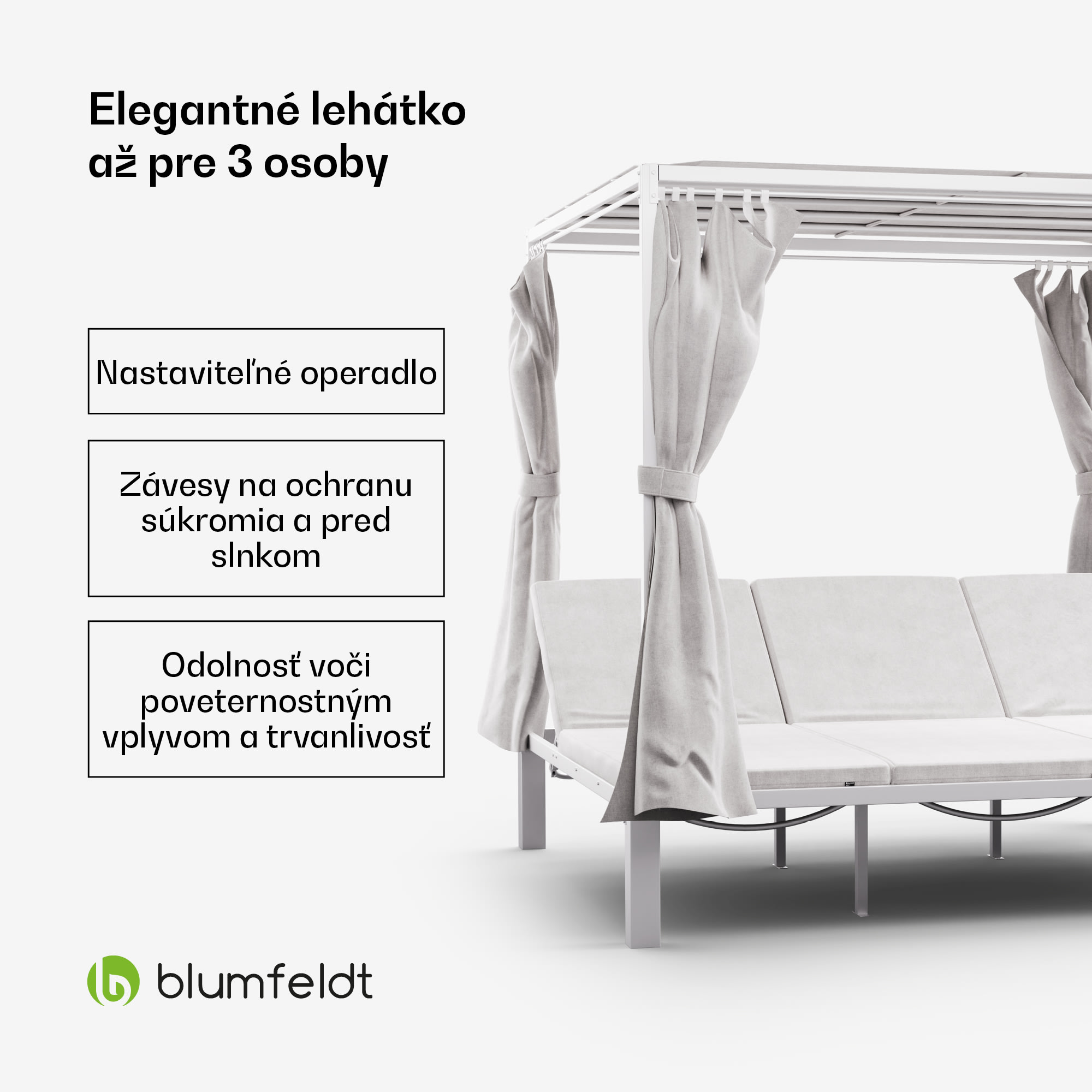Blumfeldt Eremitage Triple trojité ležadlo, ochrana pred slnkom, až pre 3 osoby, hliníkový rám, odolné voči poveternostným vplyvom – Obrázok 2