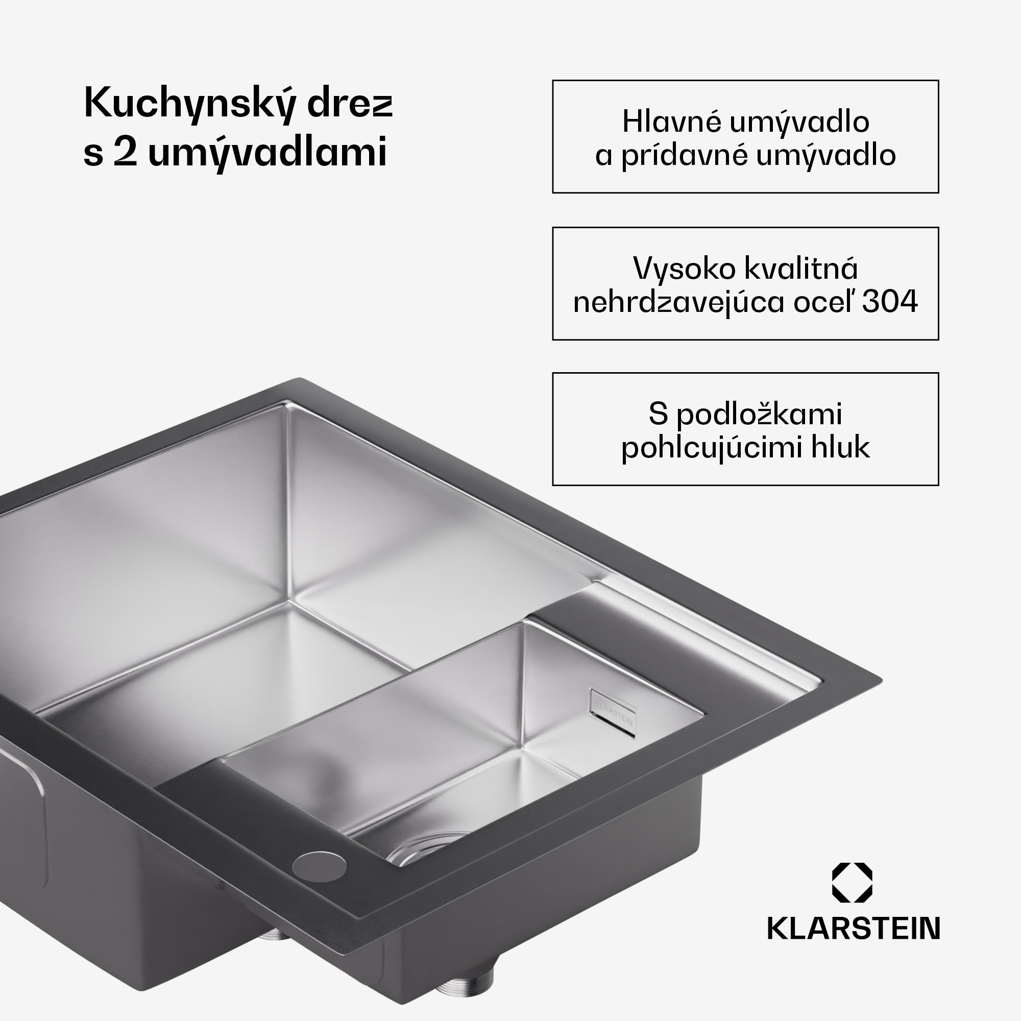 Klarstein TitanSteel kuchynský drez, 61 x 50 cm, 2 umývadlá, nehrdzavejúca oceľ, žiaruvzdorný – Obrázok 2
