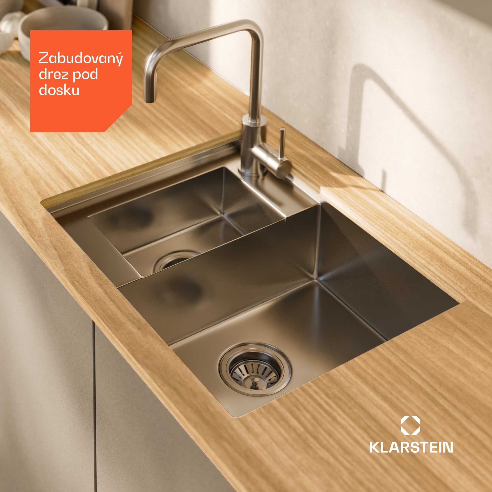 Klarstein TitanSteel kuchynský drez, 61 x 50 cm, 2 umývadlá, nehrdzavejúca oceľ, žiaruvzdorný – Obrázok 3