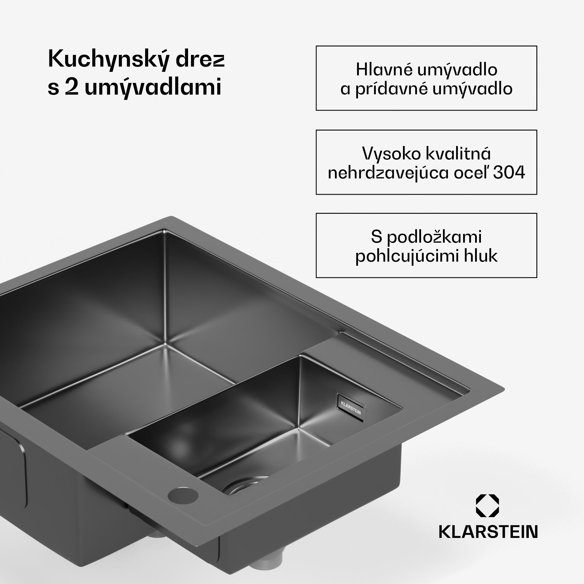 Klarstein TitanSteel kuchynský drez, 61 x 50 cm, 2 umývadlá, nehrdzavejúca oceľ, žiaruvzdorný – Obrázok 2