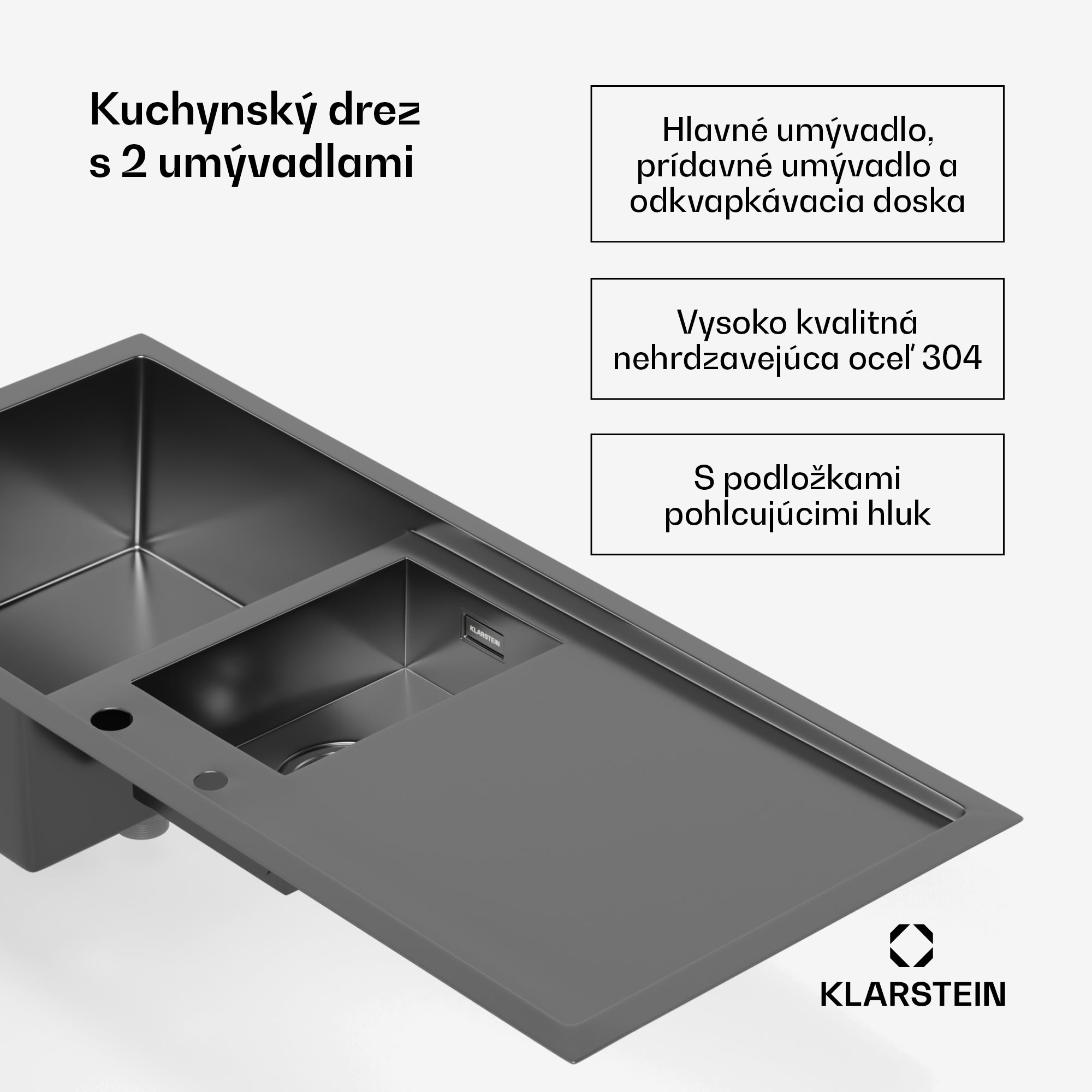 Klarstein TitanSteel kuchynský drez s odkvapkávačom, 100 x 45 cm, 2 umývadlá, nehrdzavejúca oceľ, odolný voči teplu – Obrázok 2