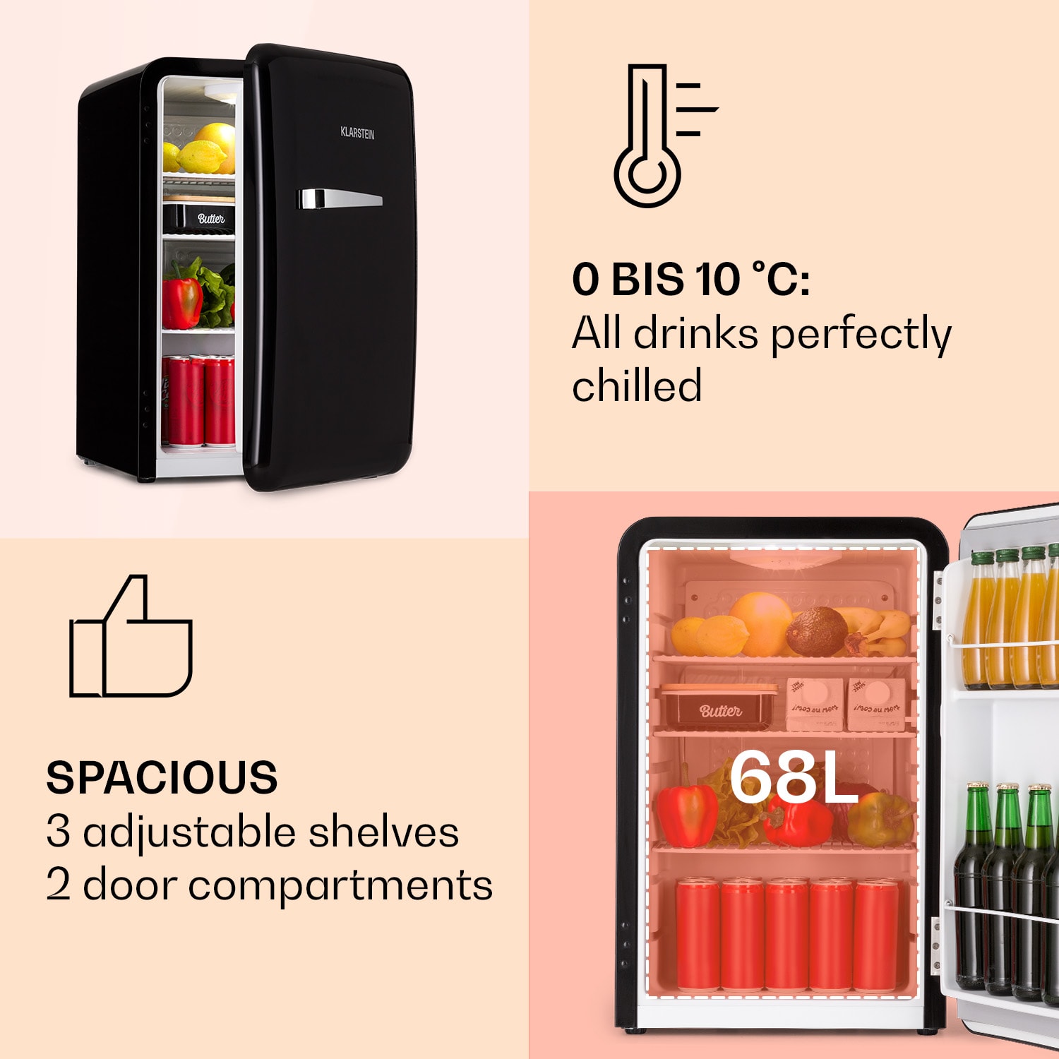 Klarstein Audrey, retro chladnička, 70 l, 3 police, 2 priehradky vo dverách, vnútorné osvetlenie – Obrázok 3