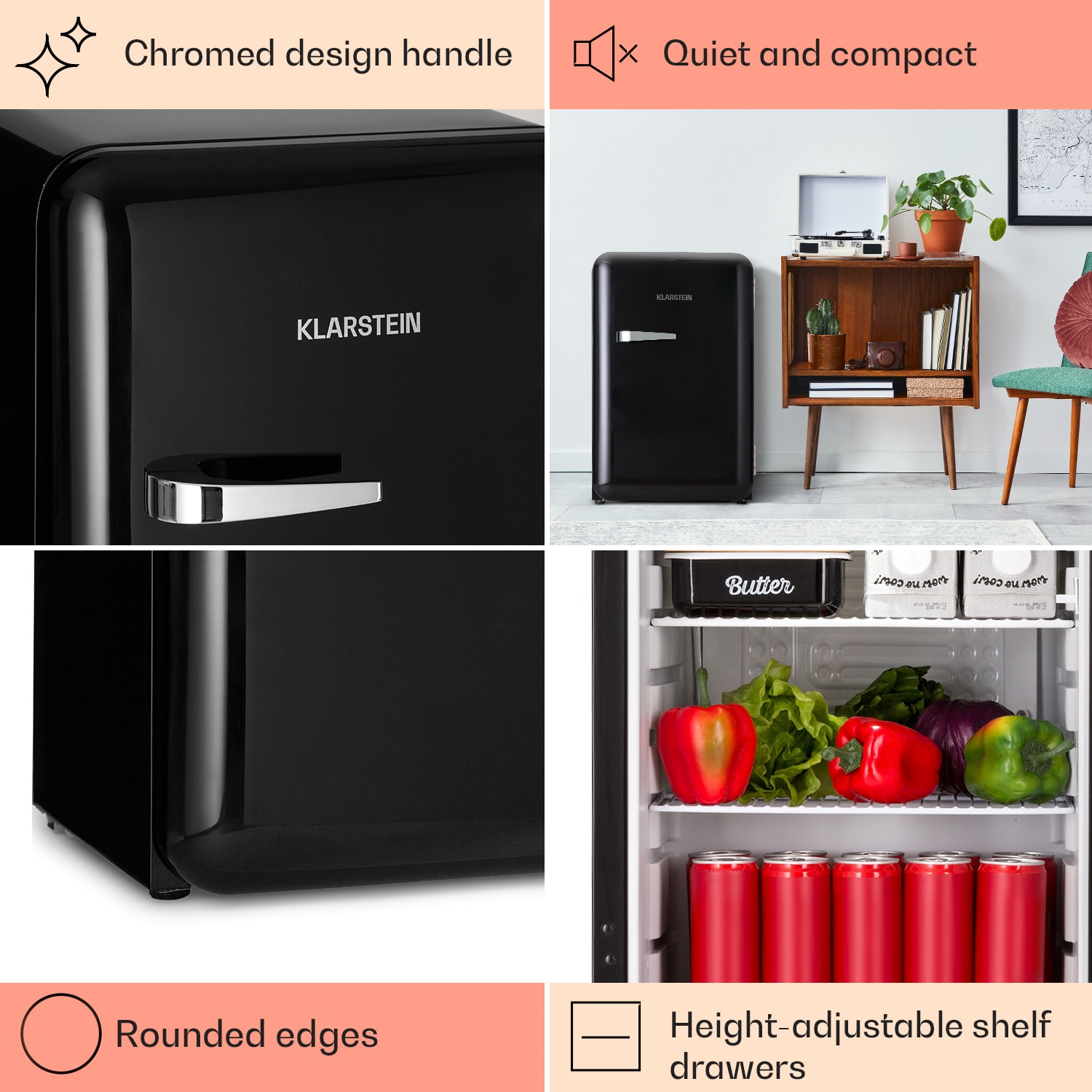 Klarstein Audrey, retro chladnička, 70 l, 3 police, 2 priehradky vo dverách, vnútorné osvetlenie – Obrázok 4