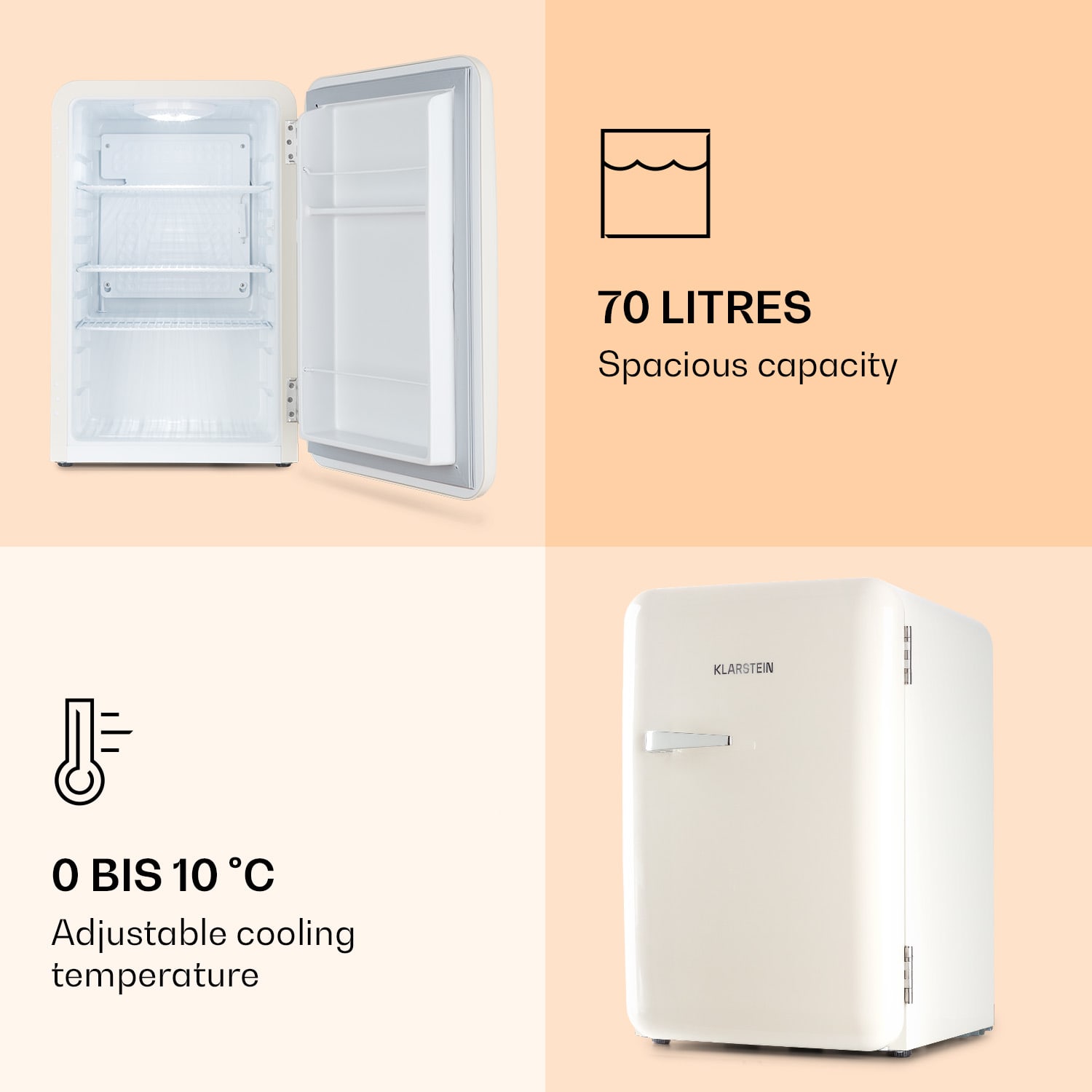 Klarstein Audrey, retro chladnička, 70 l, 3 police, 2 priehradky vo dverách, vnútorné osvetlenie – Obrázok 4