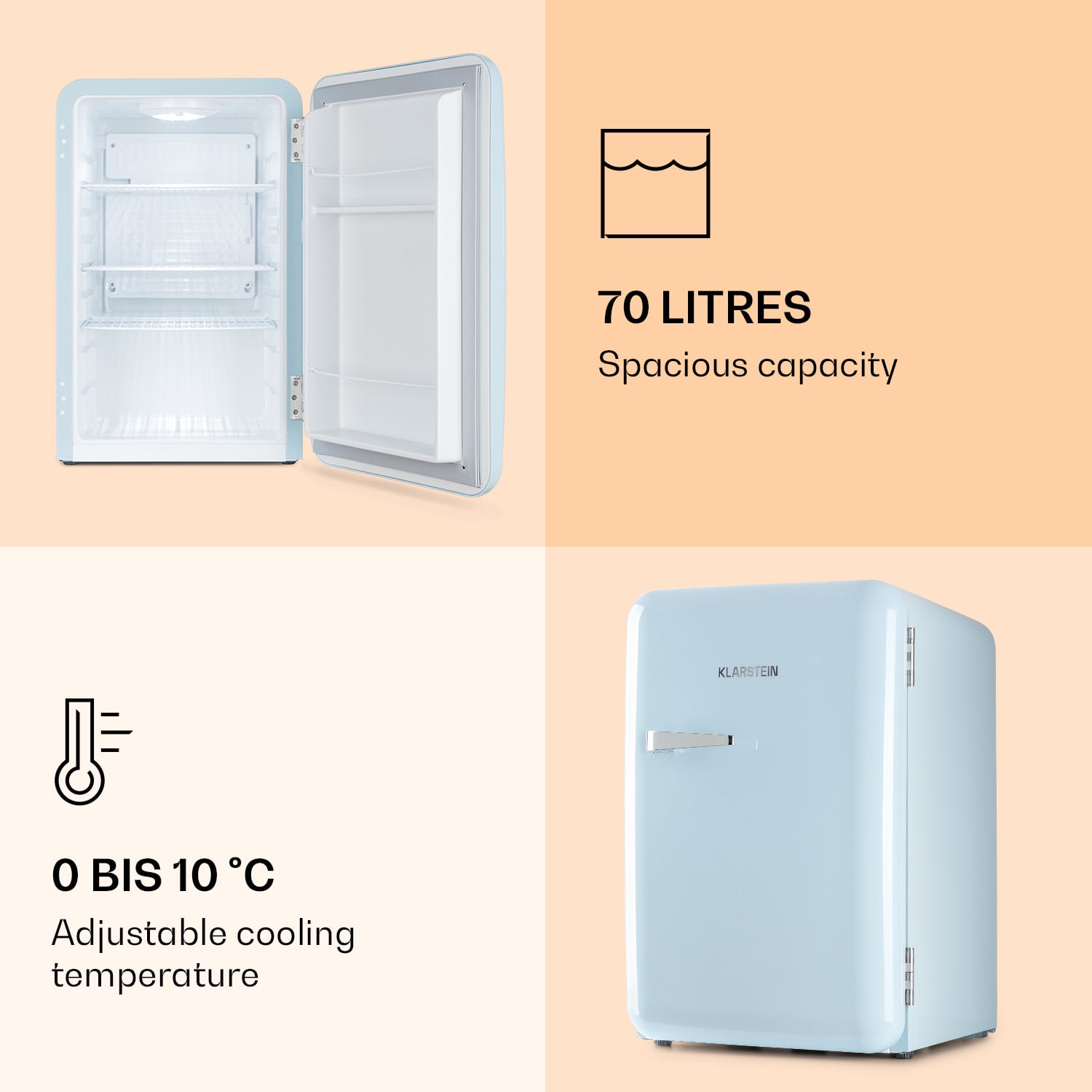 Klarstein Audrey, retro chladnička, 70 l, 3 police, 2 priehradky vo dverách, vnútorné osvetlenie – Obrázok 4