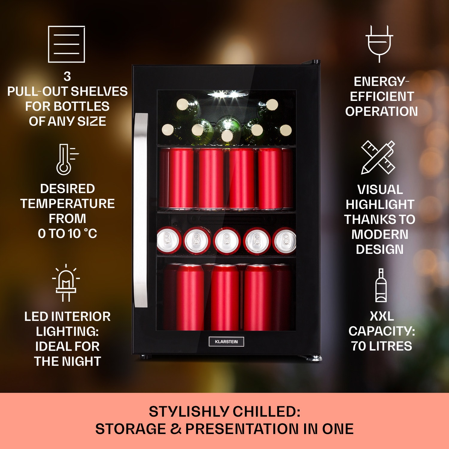 Klarstein Beersafe 70 Craft Beer Edition, chladnička, 70 litrov, sklenené dvere, nehrdzavejúca oceľ – Obrázok 2