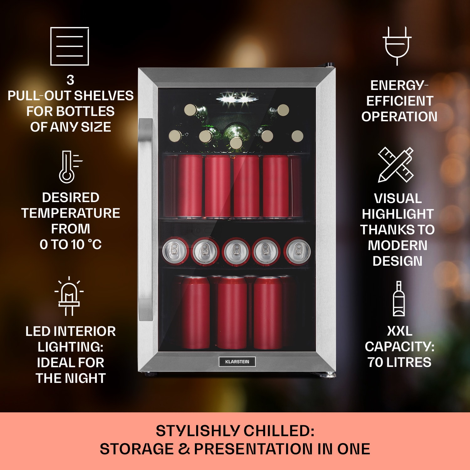 Klarstein Beersafe 70 Bierzeit Edition, chladnička, 70 litrov, 3 police, panoramatické sklenené dvere, nehrdzavejúca oceľ – Obrázok 2