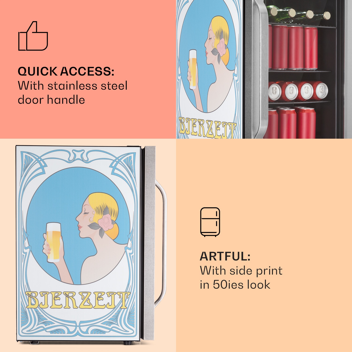 Klarstein Beersafe 70 Bierzeit Edition, chladnička, 70 litrov, 3 police, panoramatické sklenené dvere, nehrdzavejúca oceľ – Obrázok 4