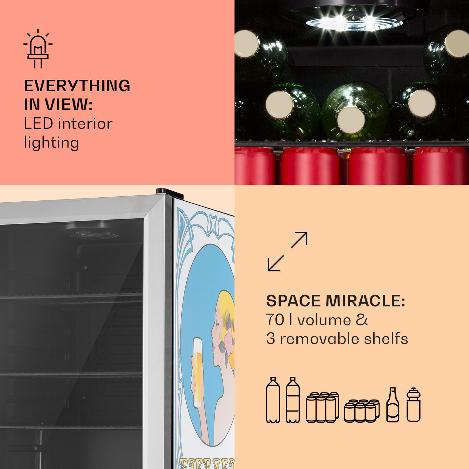 Klarstein Beersafe 70 Bierzeit Edition, chladnička, 70 litrov, 3 police, panoramatické sklenené dvere, nehrdzavejúca oceľ – Obrázok 5