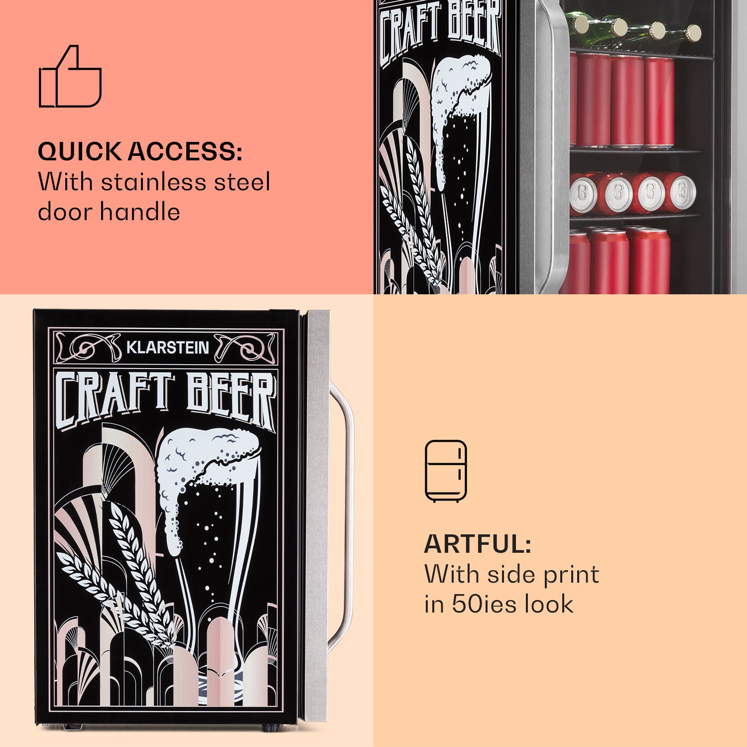 Klarstein Beersafe 70 Craft Beer Edition, chladnička, 70 litrov, sklenené dvere, nehrdzavejúca oceľ – Obrázok 4