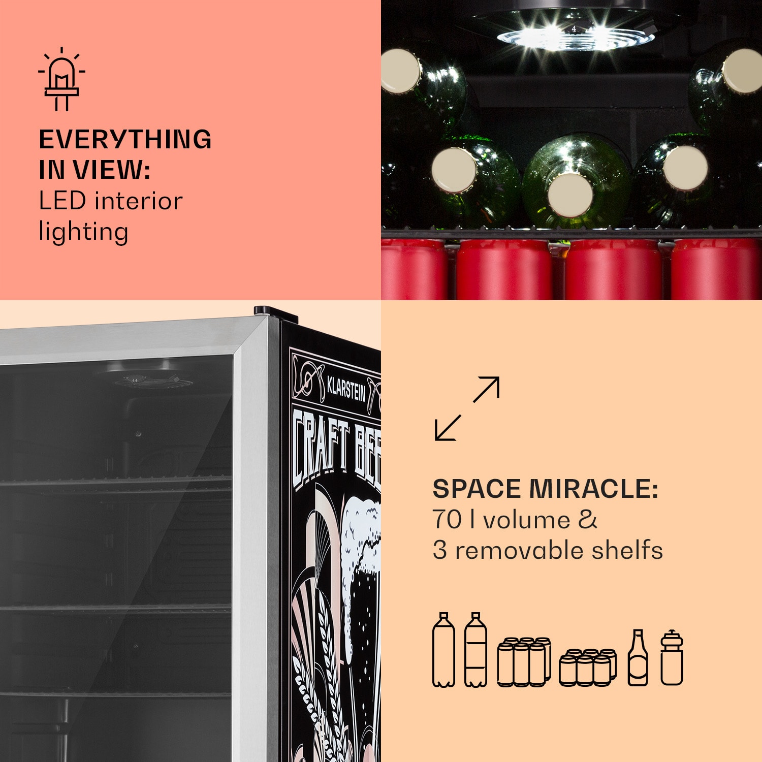 Klarstein Beersafe 70 Craft Beer Edition, chladnička, 70 litrov, sklenené dvere, nehrdzavejúca oceľ – Obrázok 5