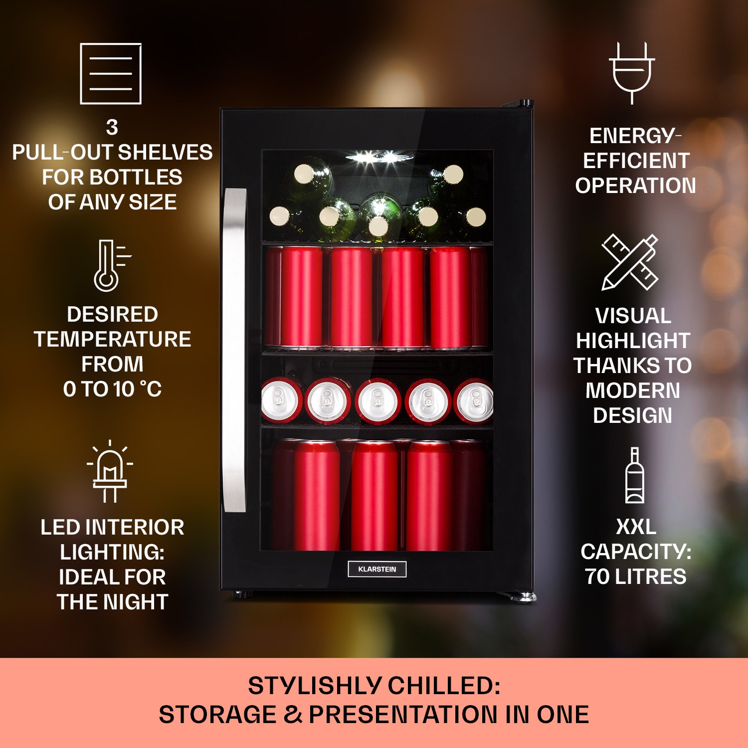 Klarstein Beersafe 70 Birra Milano Edition, chladnička, 70 litrov, 3 police, panoramatické sklenené dvere, nerezová oceľ – Obrázok 2