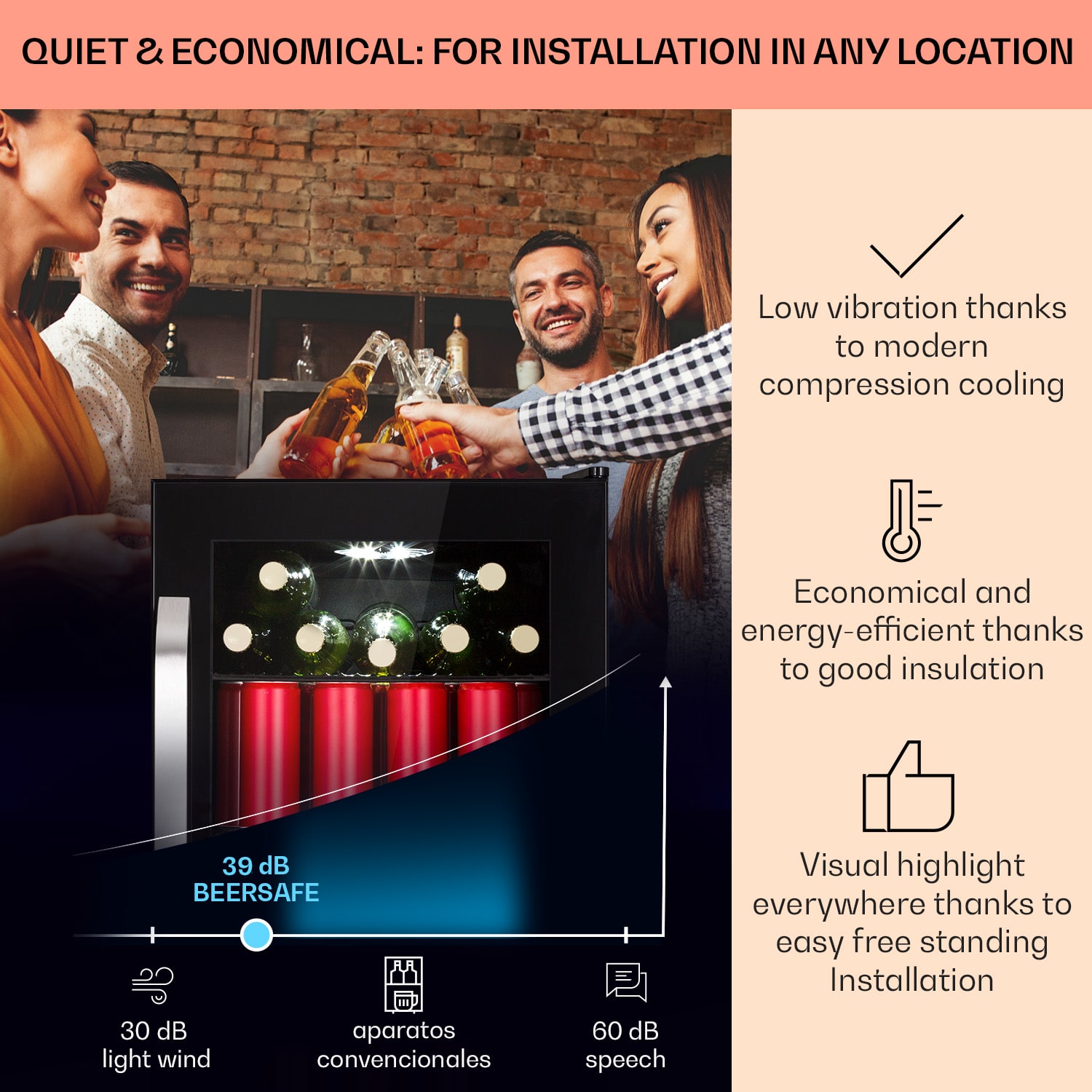 Klarstein Beersafe 70 Birra Milano Edition, chladnička, 70 litrov, 3 police, panoramatické sklenené dvere, nerezová oceľ – Obrázok 3