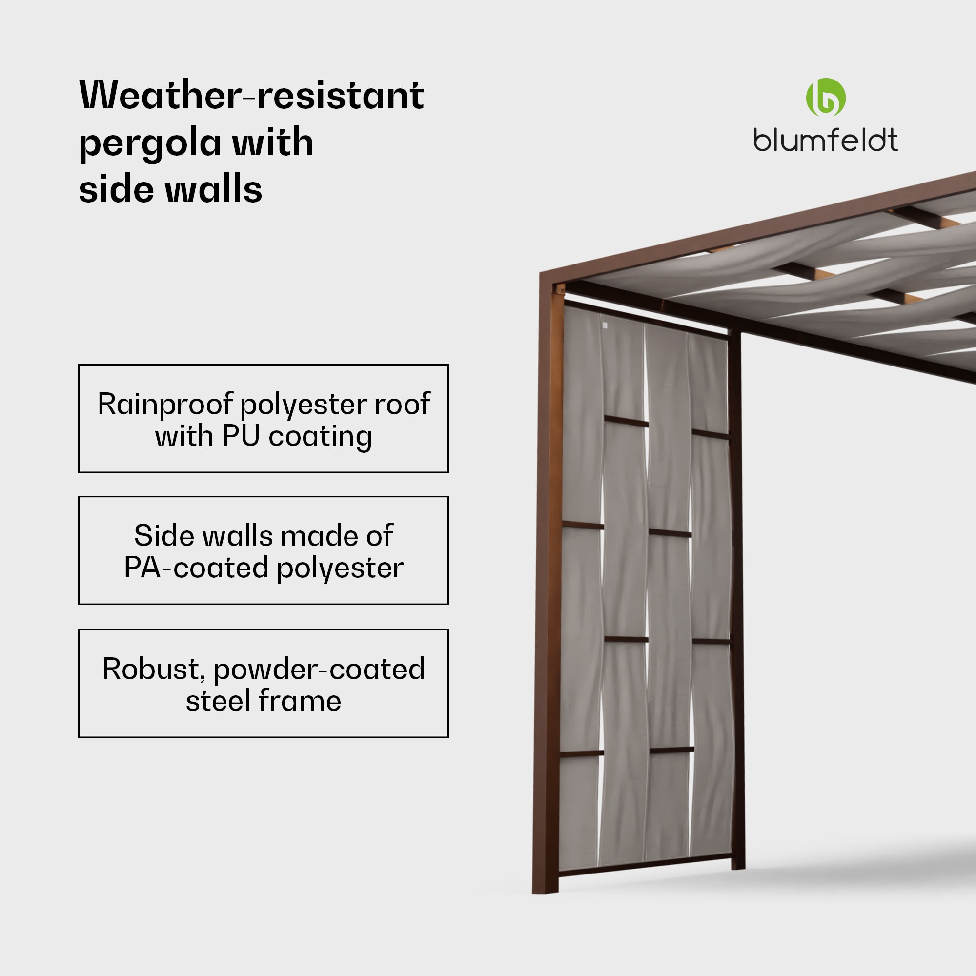 Blumfeldt Shade Cove, textilná pergola, 3 x 3 m, bočné steny, práškovo lakovaná farba, odolná voči poveternostným vplyvom – Obrázok 2