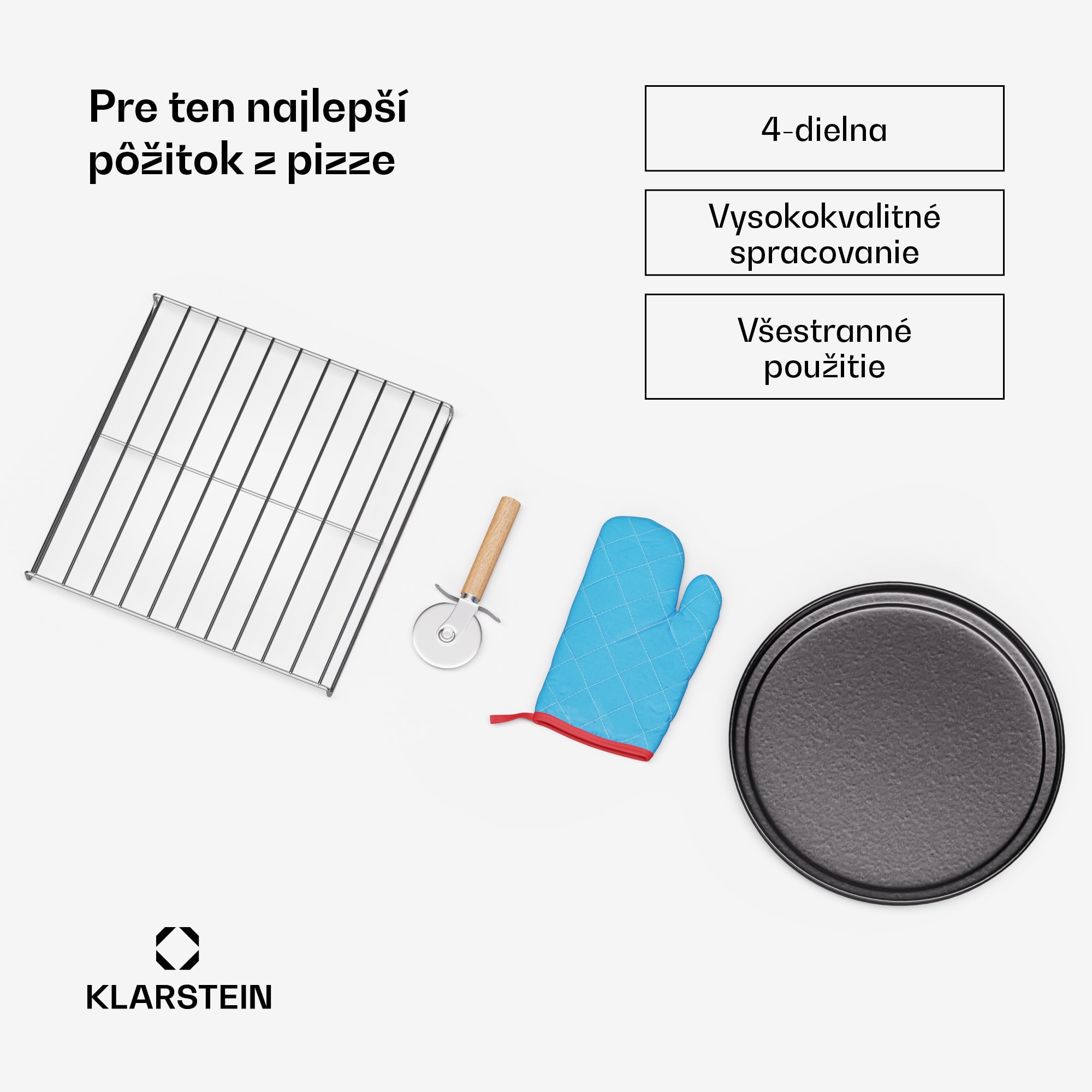 Klarstein 4-dielna súprava príslušenstva PizzaForno, stojan na pizzu a panvica na pizzu, tepelná rukavica a krájač – Obrázok 2