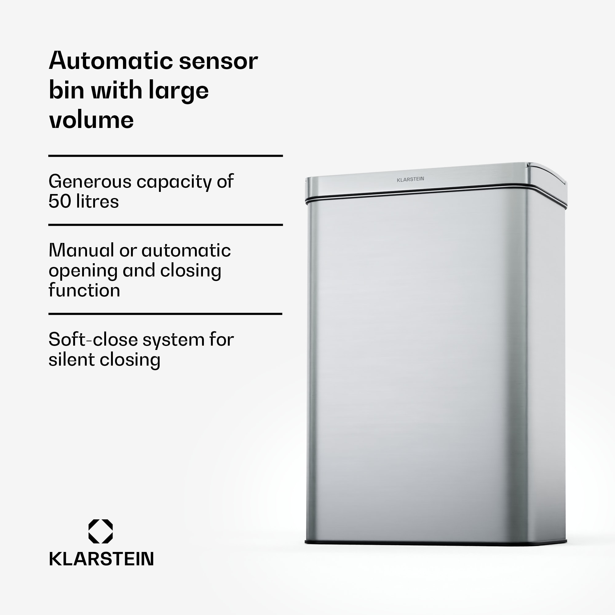 Klarstein Touchless, senzorový odpadkový kôš, 50 l, z nehrdzavejúcej ocele, Soft-Close zatváranie, napájaný batériou, LED displej, časovač – Obrázok 2