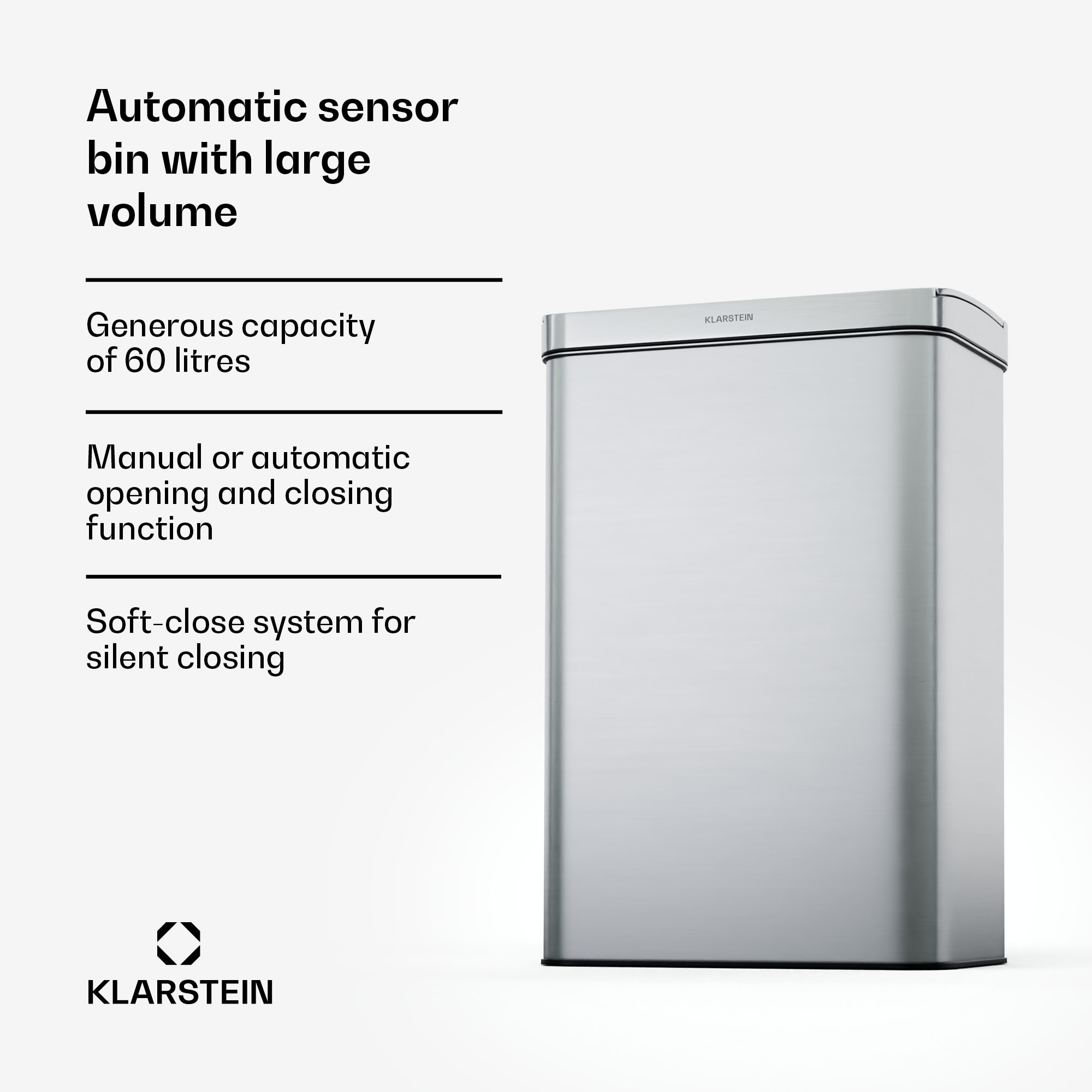 Klarstein Touchless, senzorový odpadkový kôš, 60 l, z nehrdzavejúcej ocele, Soft-Close zatváranie, napájaný batériou, LED displej, časovač – Obrázok 2