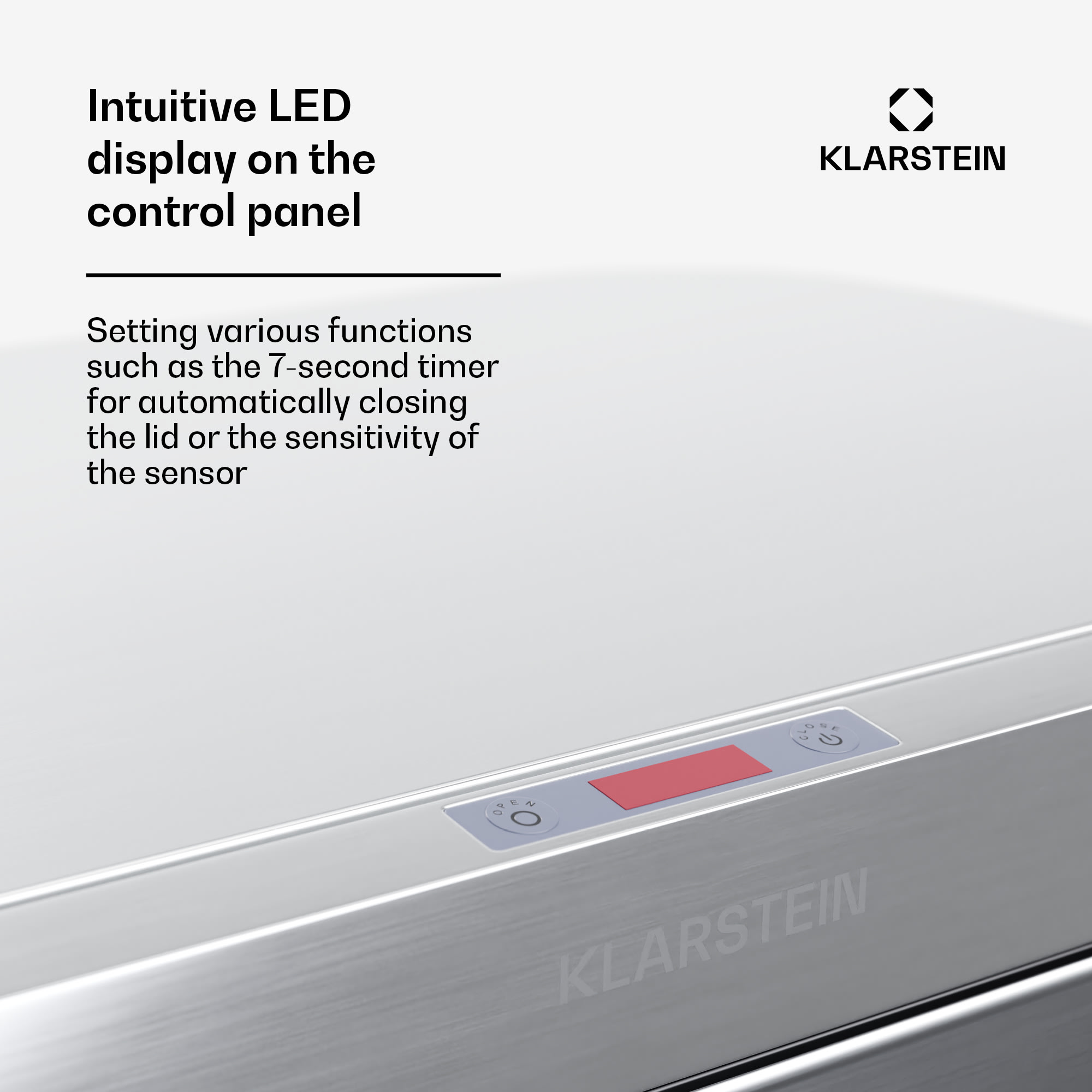 Klarstein Touchless, senzorový odpadkový kôš, 60 l, z nehrdzavejúcej ocele, Soft-Close zatváranie, napájaný batériou, LED displej, časovač – Obrázok 4