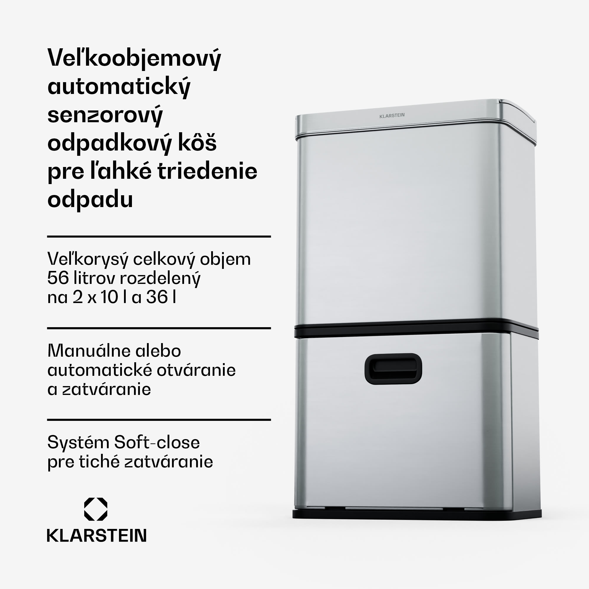 Klarstein Touchless, senzorový odpadkový kôš, 56 l, z nehrdzavejúcej ocele, 3 koše, Soft-Close zatváranie, napájaný batériou, LED displej, časovač – Obrázok 2