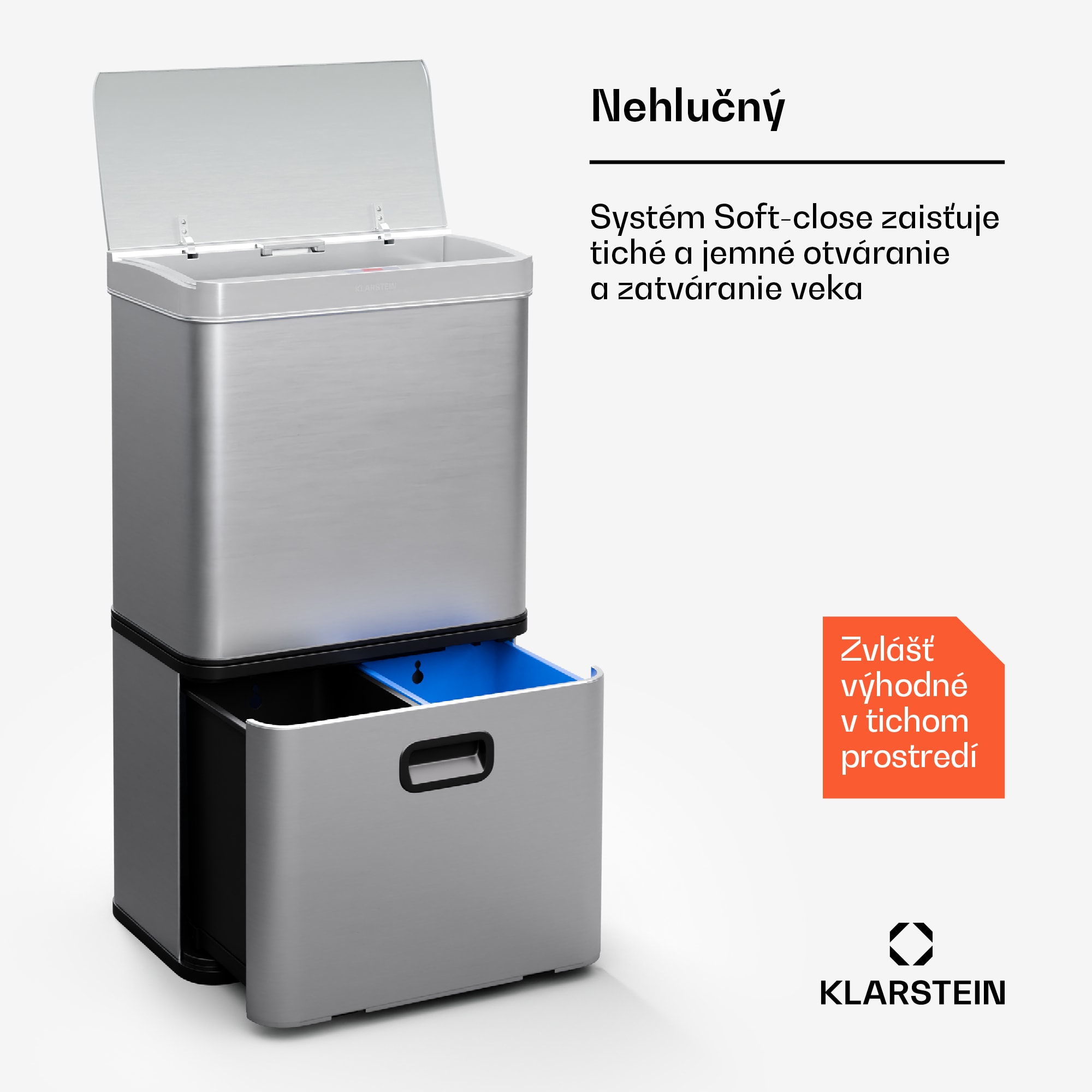 Klarstein Touchless, senzorový odpadkový kôš, 56 l, z nehrdzavejúcej ocele, 3 koše, Soft-Close zatváranie, napájaný batériou, LED displej, časovač – Obrázok 4