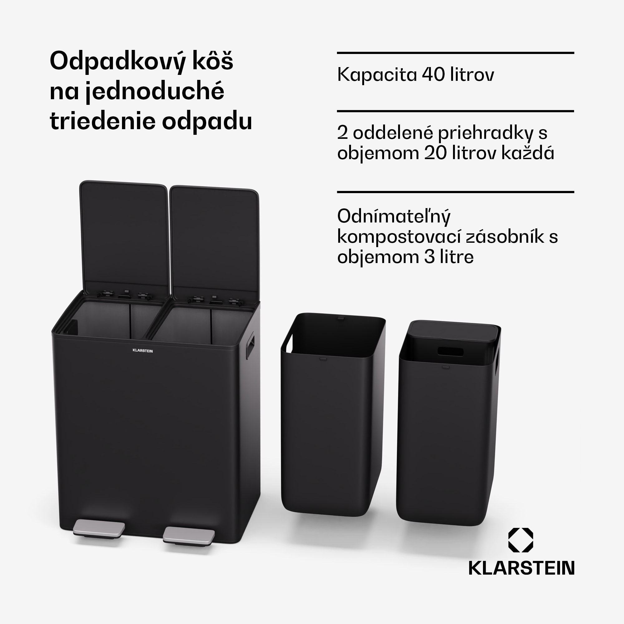 Klarstein EcoVista, odpadkový kôš s kompostérom, 40 l + 3 l/kôš + kompostér, Soft-Close – Obrázok 3