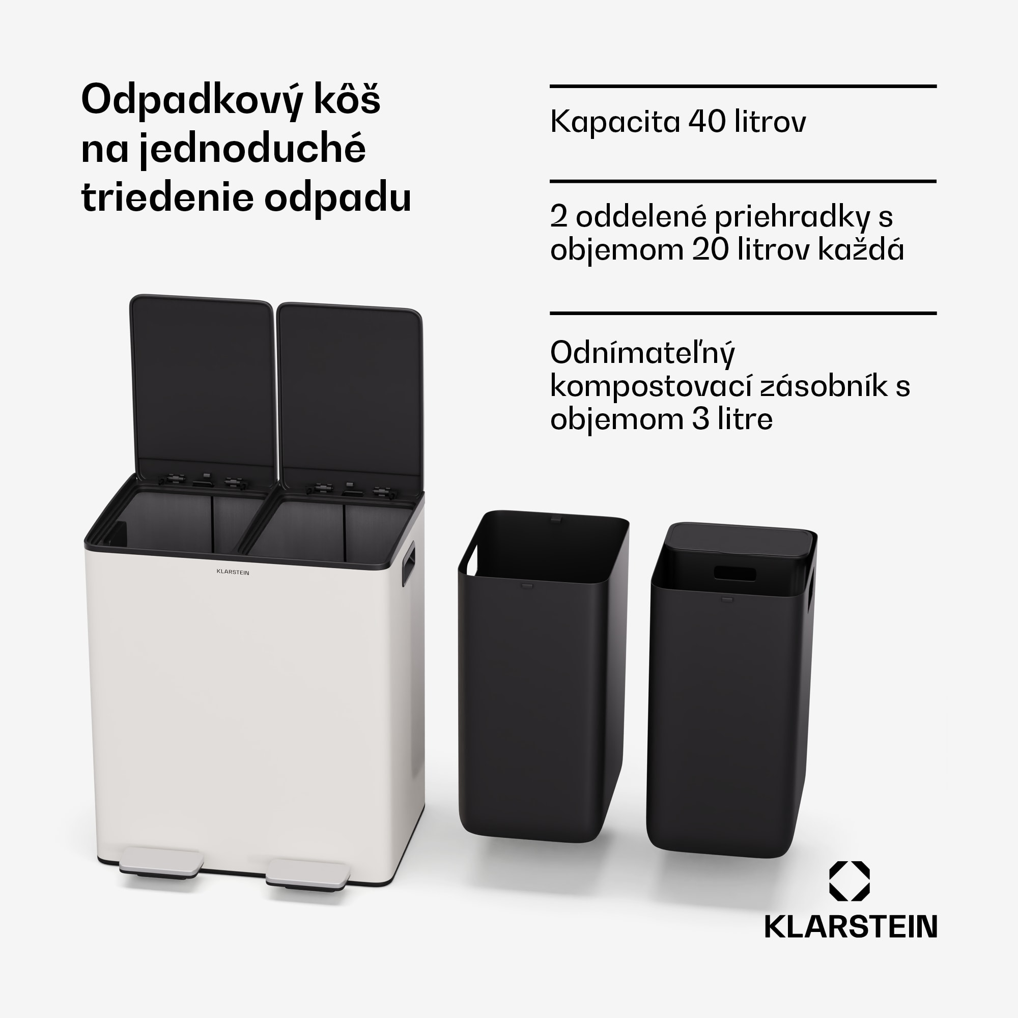 Klarstein EcoVista, odpadkový kôš s kompostérom, 40 l + 3 l/kôš + kompostér, Soft-Close – Obrázok 3