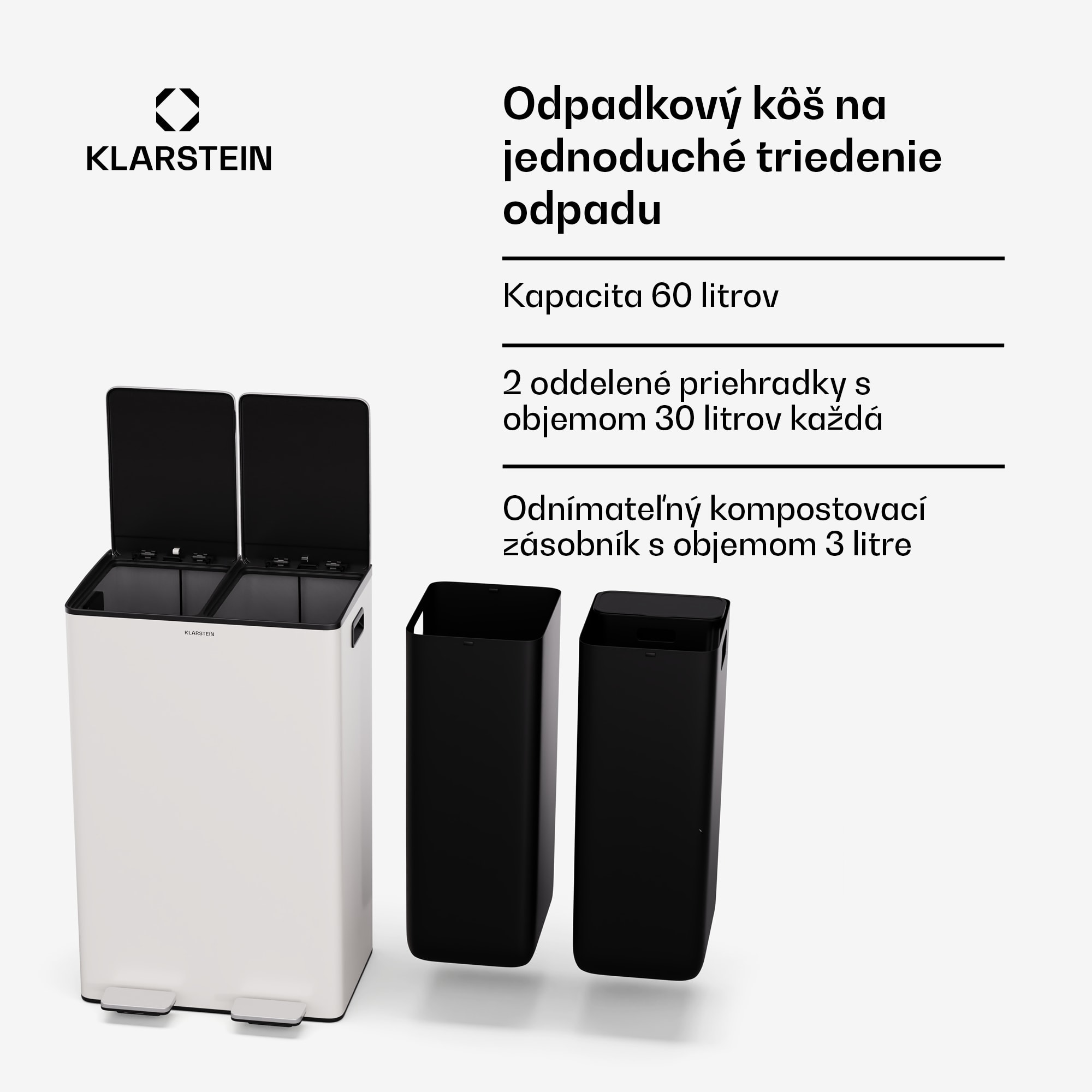 Klarstein EcoVista, odpadkový kôš s kompostérom, 60 l + 3 l/kôš + kompostér, Soft-Close – Obrázok 3