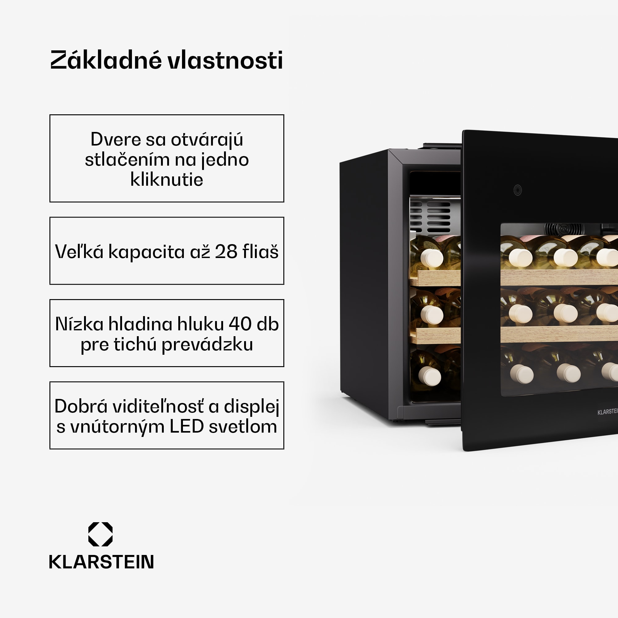 Klarstein Rhone 28 Uno chladnička na víno, 28 fliaš, LED ovládanie, push-to-open, tichá – Obrázok 2