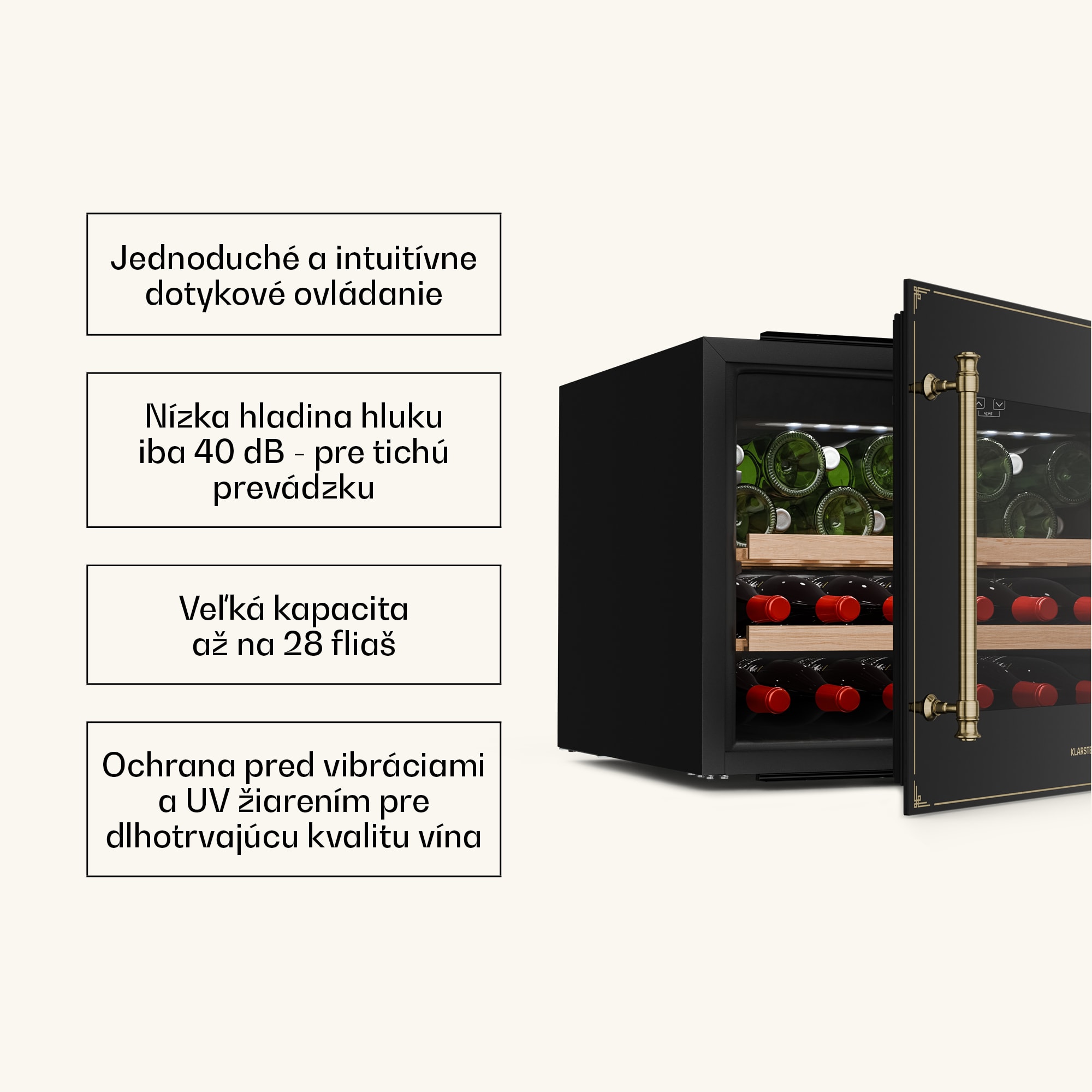 Klarstein Vinsider Victoria 28 chladnička na víno, 28 fliaš, dotyková, UV ochrana, LED, tichá, 2 police – Obrázok 5