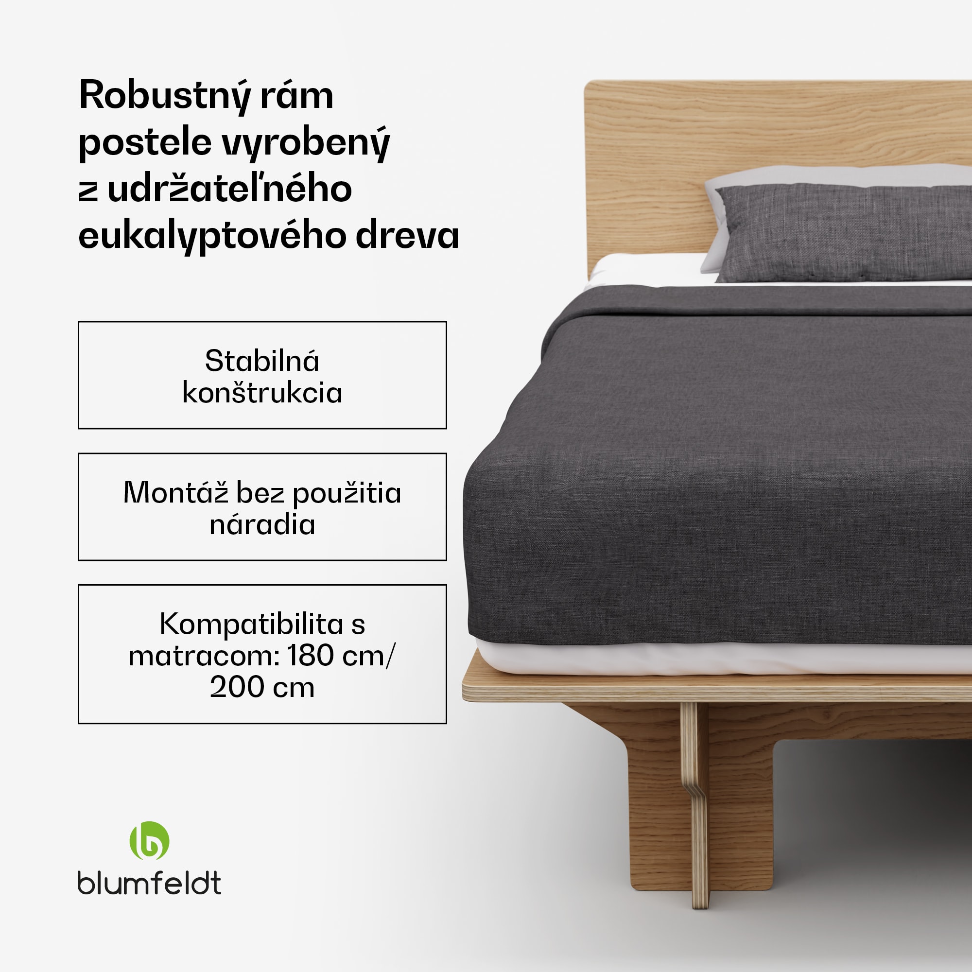 Blumfeldt NordicAura King rám manželskej postele, 180 cm x 200 cm, robustný, bez náradia, eukalyptové drevo, polička – Obrázok 2