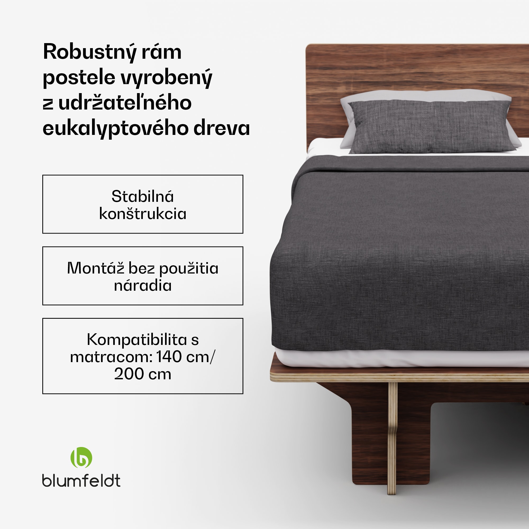 Blumfeldt NordicAura Double rám manželskej postele, 140 cm x 200 cm, robustný, bez náradia, eukalyptové drevo, polička – Obrázok 2