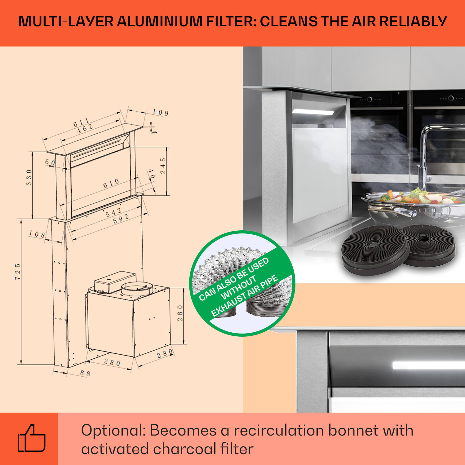 Klarstein Royal Flush Eco digestor 60 cm 576 m³/h A+ – Obrázok 5