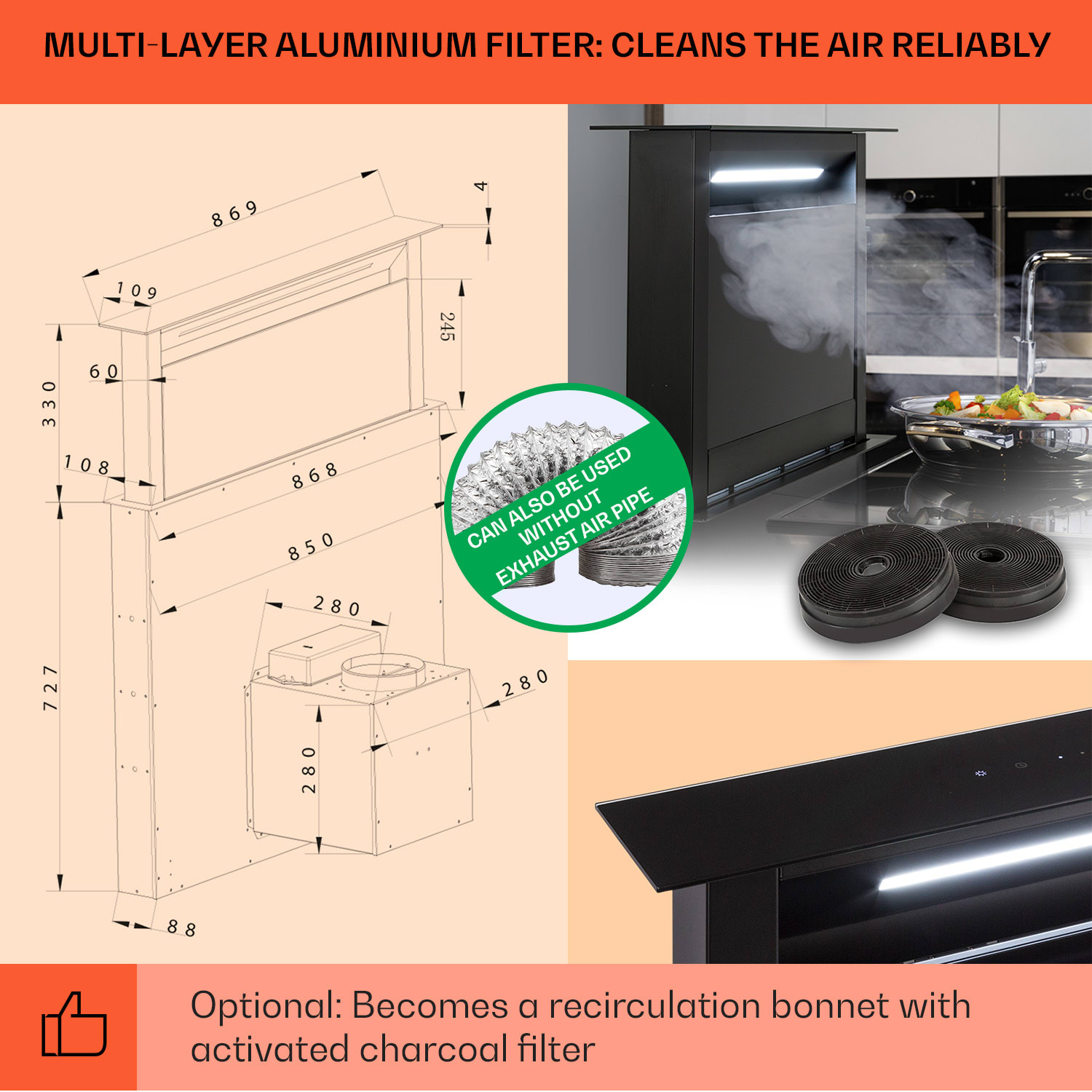 Klarstein Royal Flush Eco, digestor, 90 cm, 714 m³/h, A+ – Obrázok 5