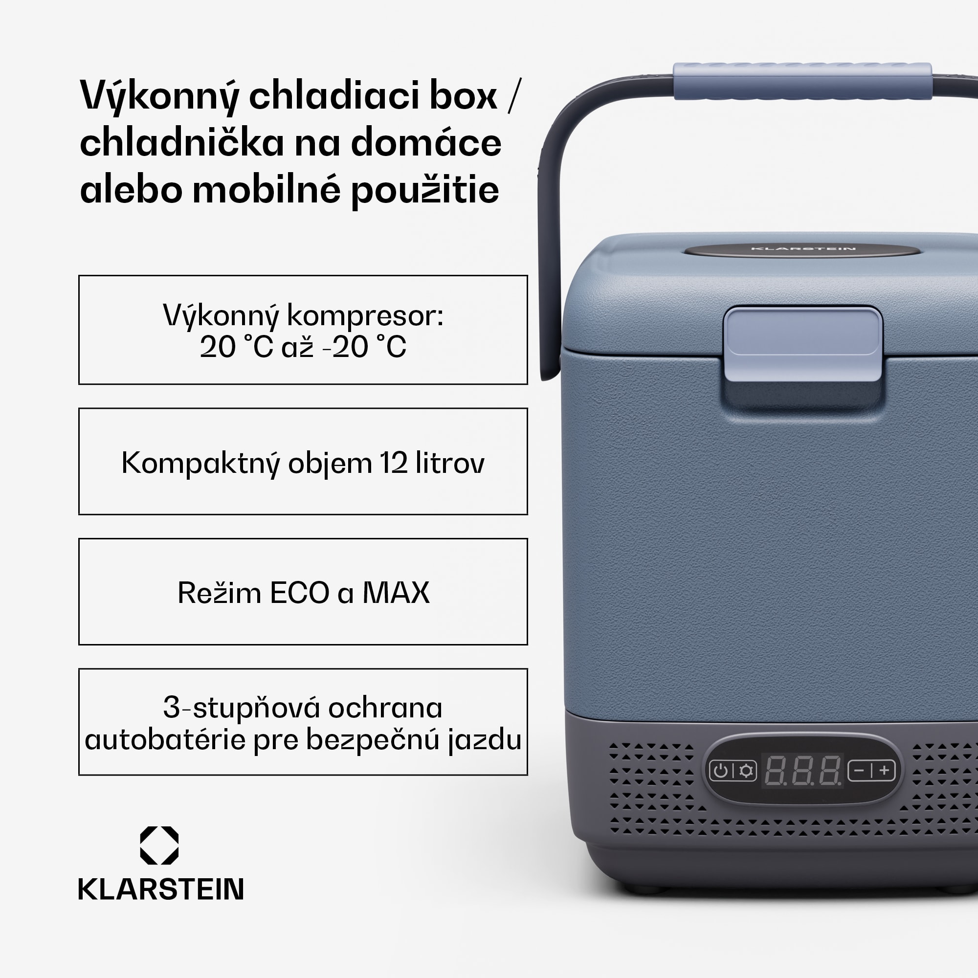 Klarstein SwiftFrost 12L chladiaci box, 12V-24V/230V, do -20 °C, kompresor, 2 úrovne výkonu, LED displej – Obrázok 2