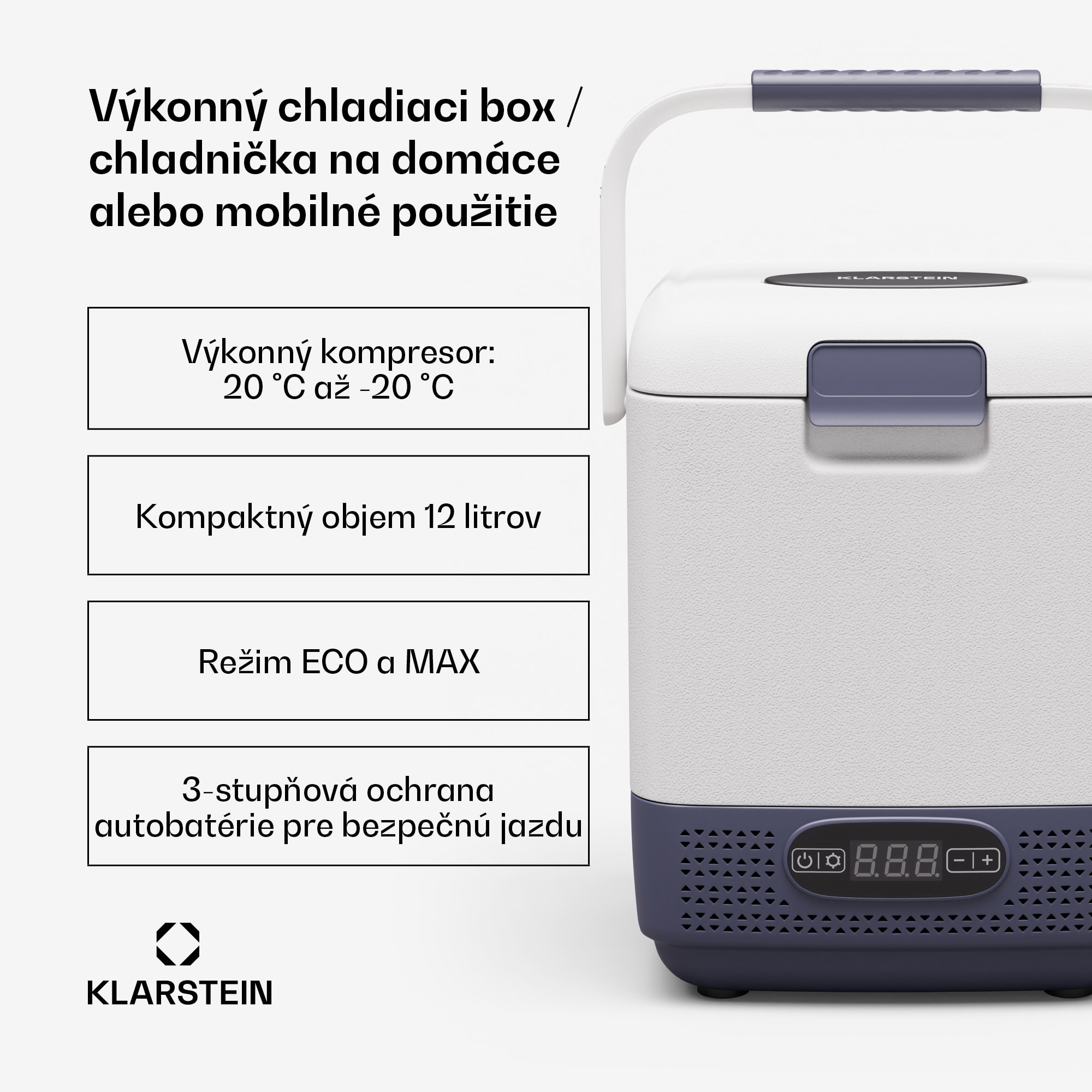 Klarstein SwiftFrost 12L chladiaci box, 12V-24V/230V, do -20 °C, kompresor, 2 úrovne výkonu, LED displej – Obrázok 2
