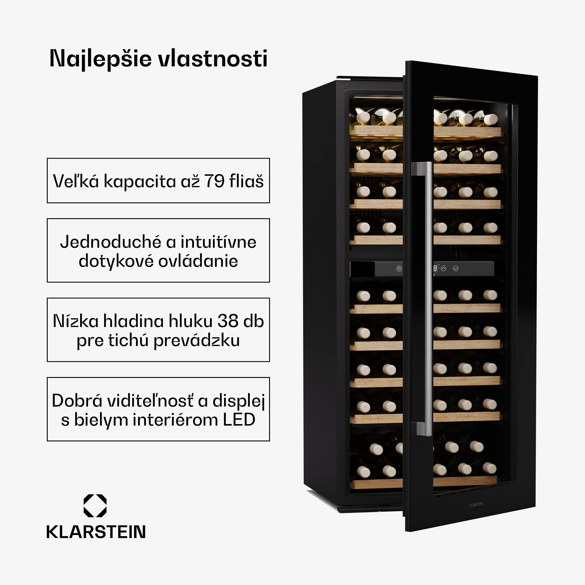 Klarstein Vinsider Duo chladnička na víno, 79 fliaš, 2 chladiace zóny, UV ochrana, 9 políc, Dotykové ovládanie – Obrázok 2