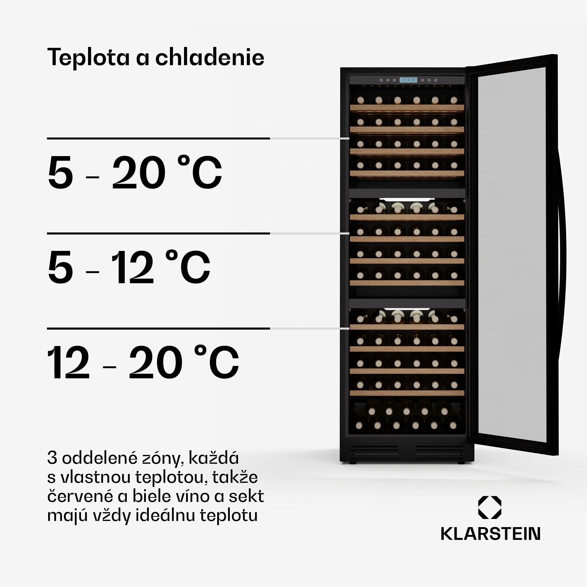 Klarstein Vinovilla Trio chladnička na víno, 143 fliaš, 3 zóny, 38 dB, 12 políc, kompresor, 413 litrov – Obrázok 4