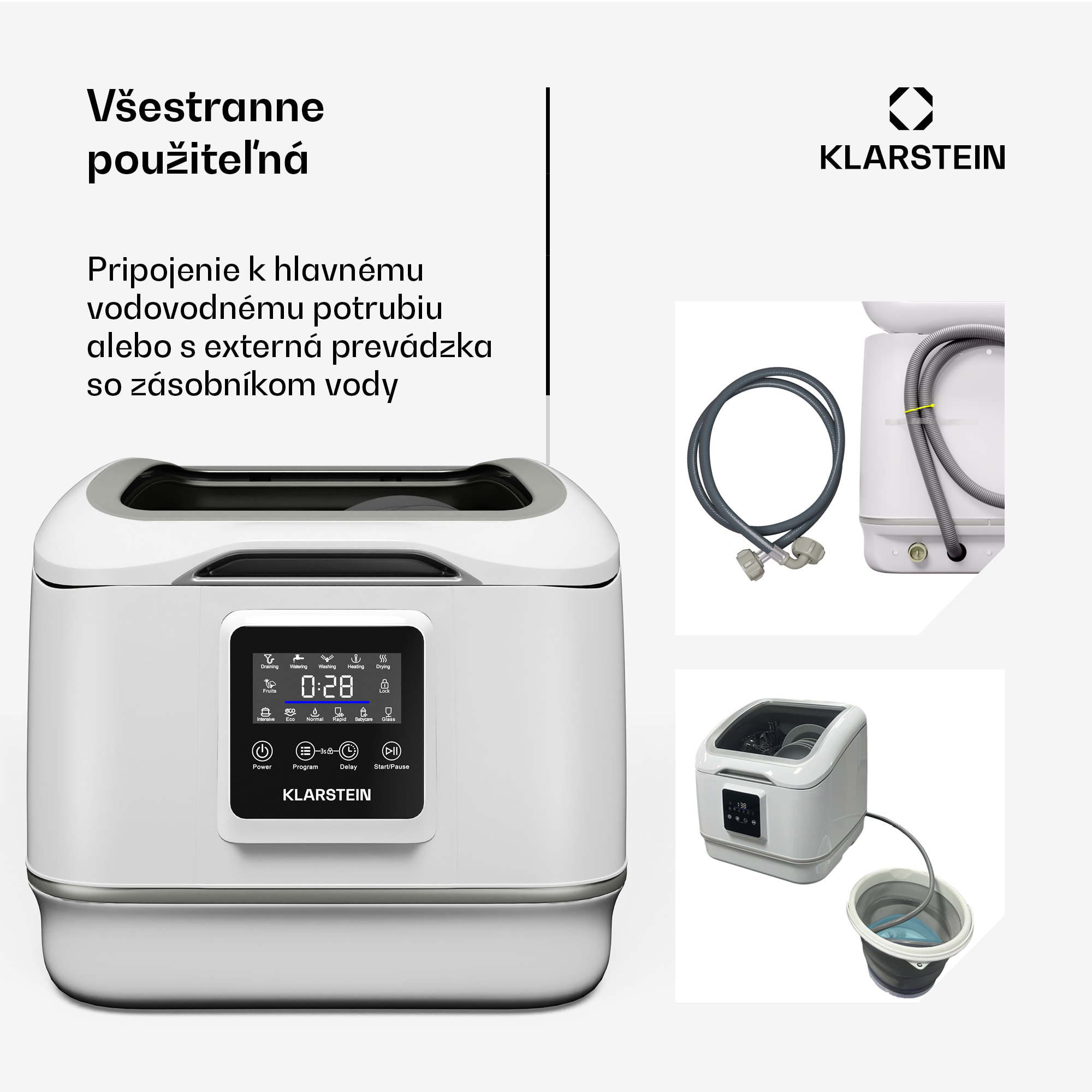 Klarstein SilentScrub umývačka riadu, prenosná, dotykový displej, 7 programov, 3 súpravy riadu, košík na príbory – Obrázok 3