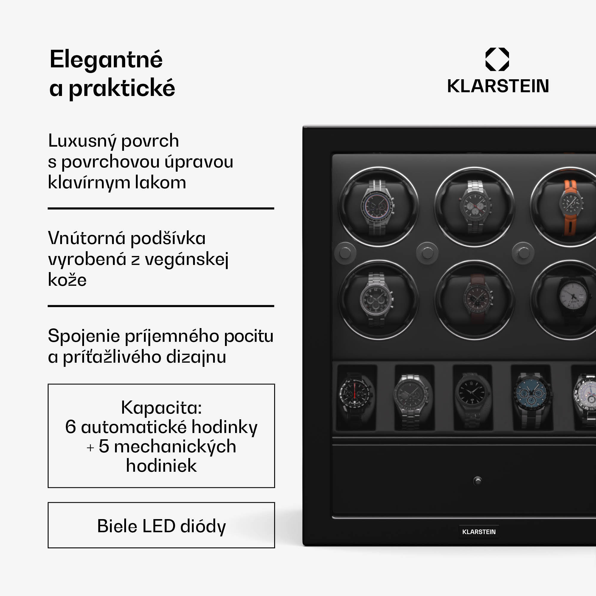 Klarstein ChronoVault naťahovač hodiniek, 6+5 hodiniek, vegánsky, vysoký lesk, 4 režimy, motor Mabuchi, LED, zásuvka – Obrázok 2