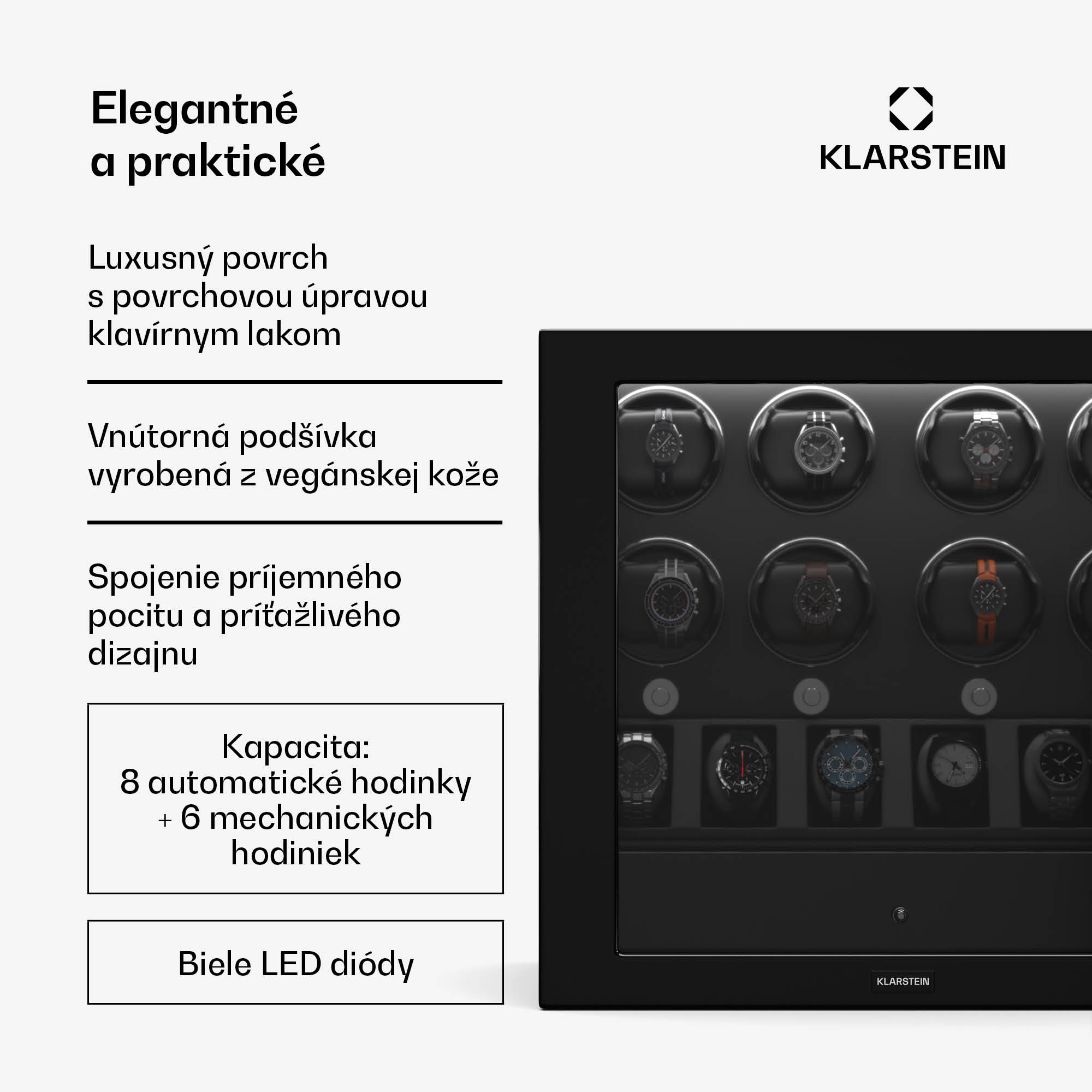 Klarstein ChronoVault naťahovač hodiniek, 8+6 hodiniek, vegánsky, vysoký lesk, 4 režimy, motor Mabuchi, LED, zásuvka – Obrázok 2