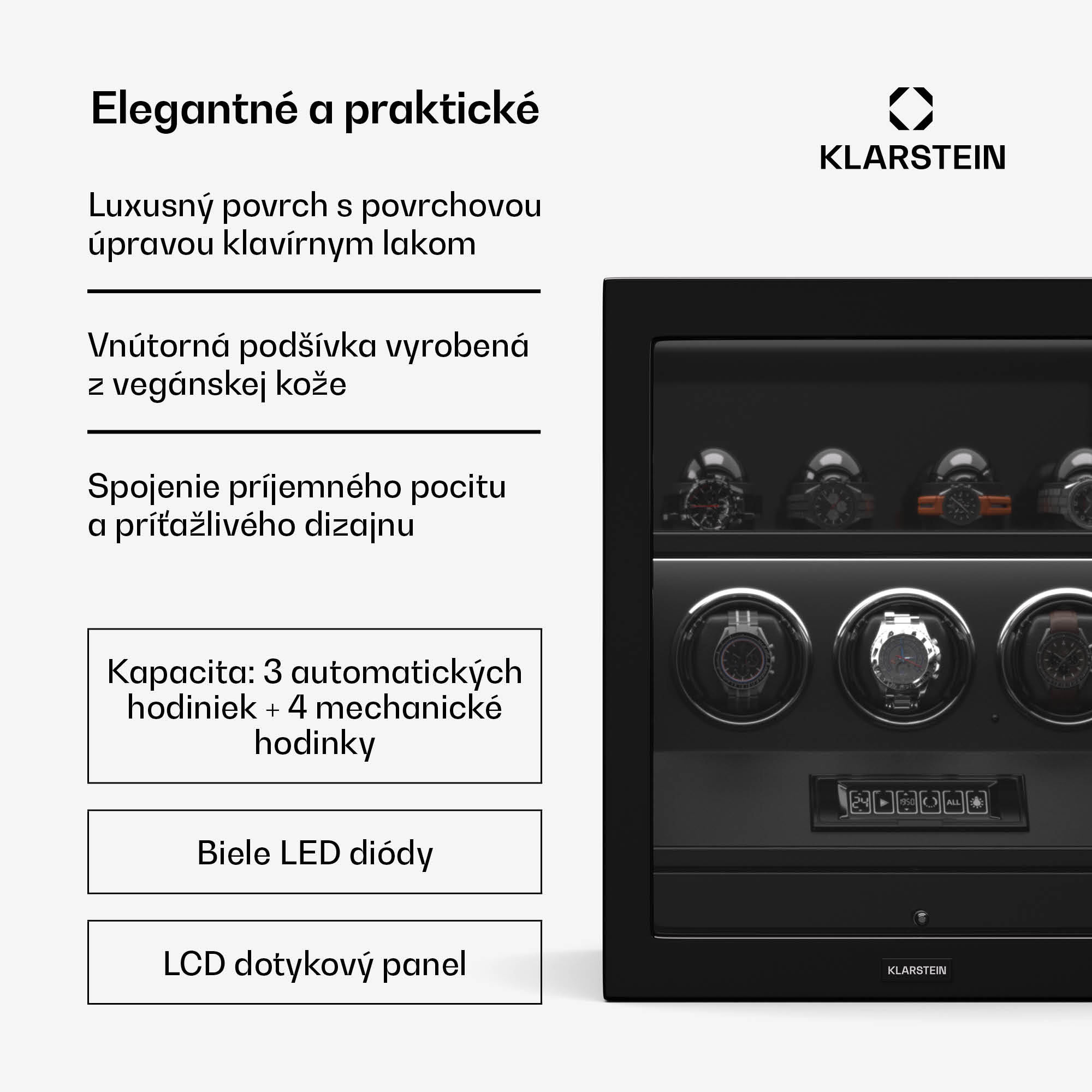 Klarstein SecureTouch naťahovač hodiniek, 3+4 hodinky, motor Mabuchi, klavírny lak, 41 režimov, zámok, LED diódy – Obrázok 2