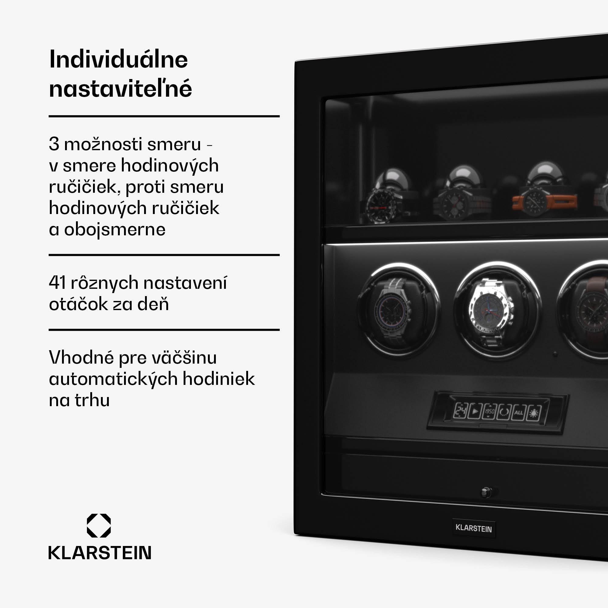 Klarstein SecureTouch naťahovač hodiniek, 3+4 hodinky, motor Mabuchi, klavírny lak, 41 režimov, zámok, LED diódy – Obrázok 3